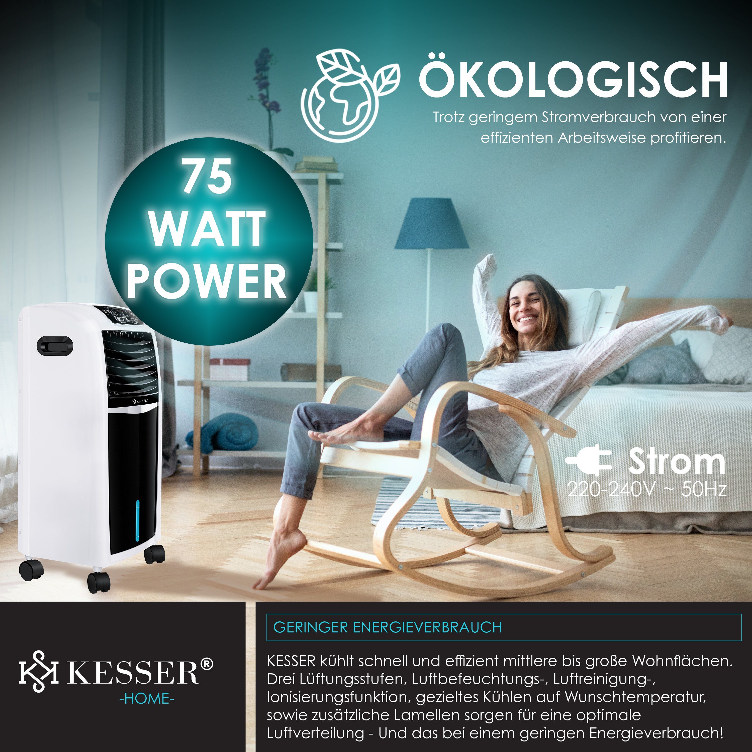KESSER Turmventilator, 4in1 Mobile Klimaanlage Fernbedienung Klimagerät Ventilator