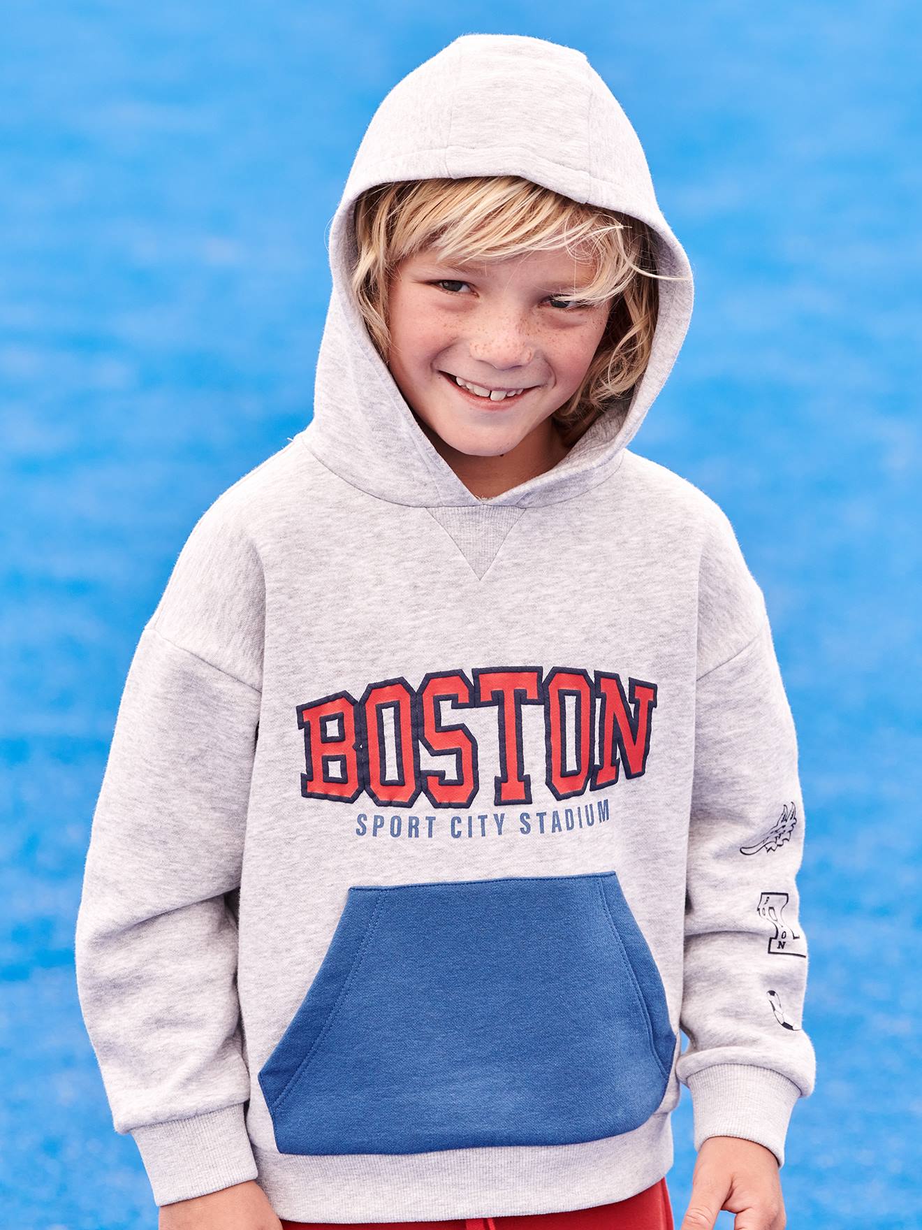 Sweat à capuche sport motif team Boston garçon gris chiné