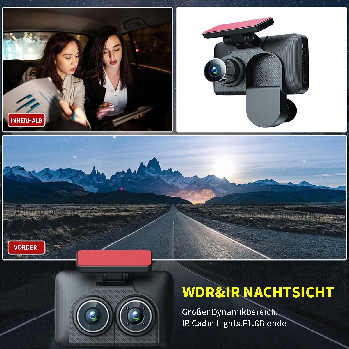 Yoyaxi Hochauflösende Autokamera mit WiFi-Konnektivität Dashcam (Doppelte Linsen, Weitwinkel, Nachtsicht für umfassende Abdeckung)