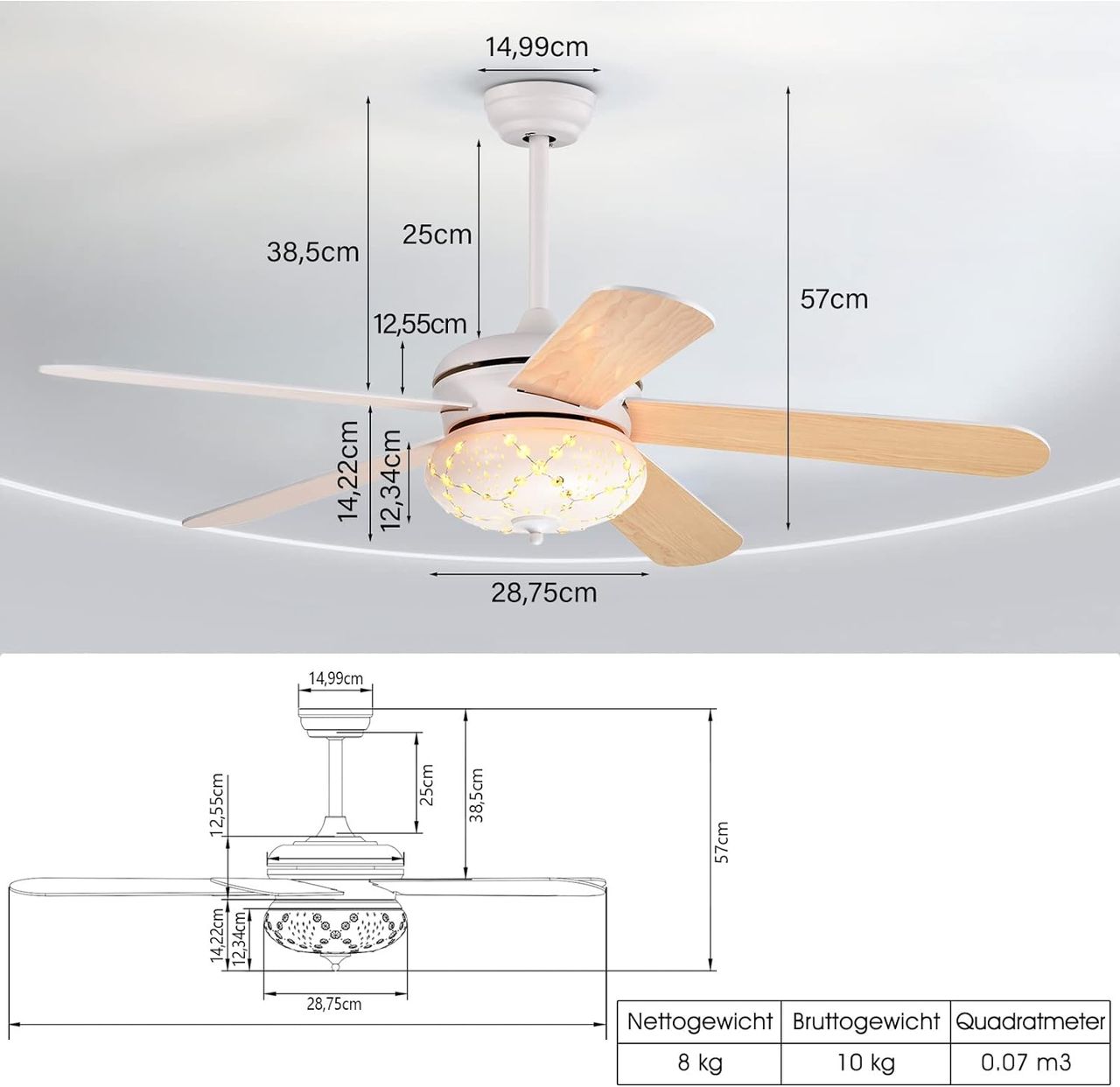 Costway Deckenventilator Mit Beleuchtung, 132cm Ceiling Fan Mit Fernbedienung