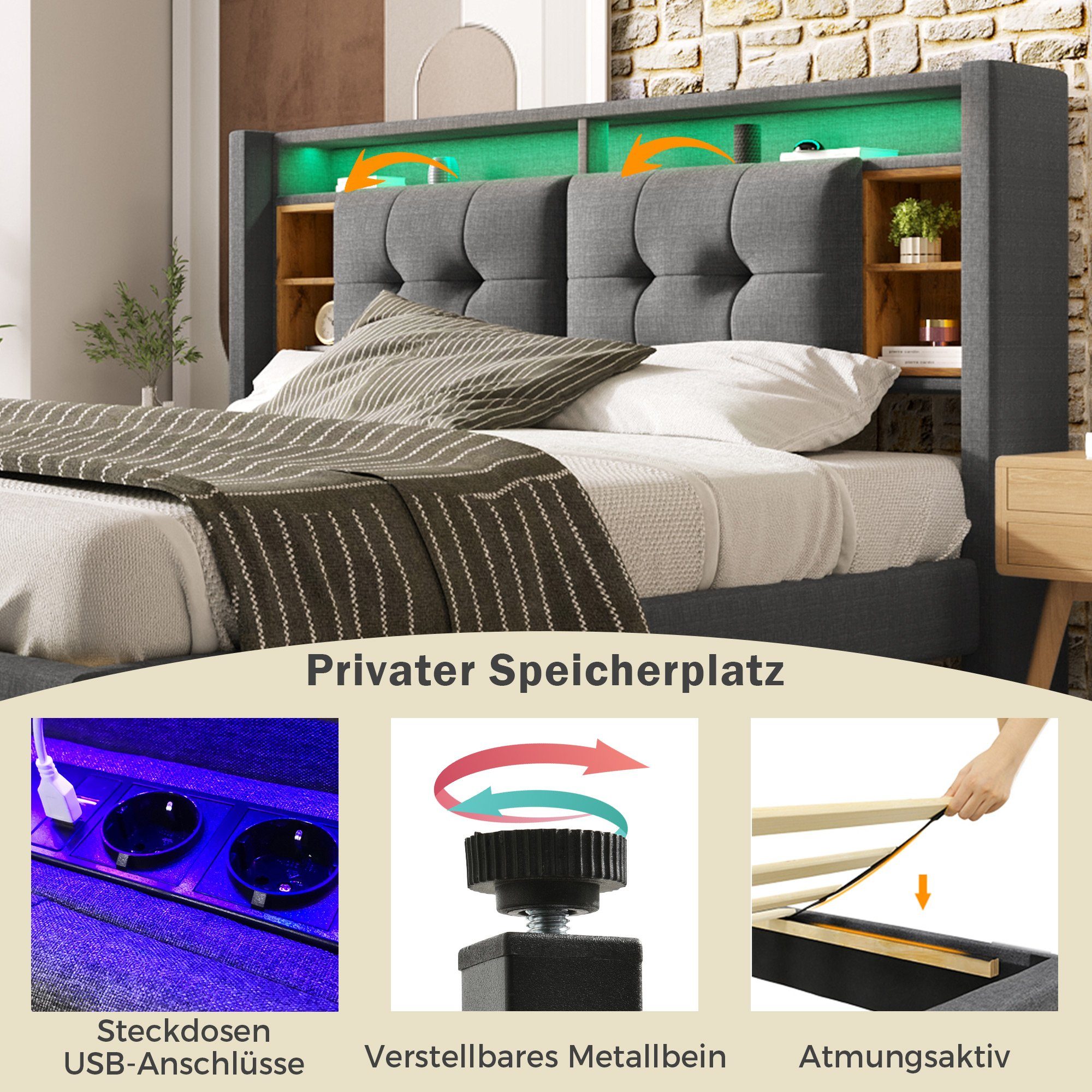 Flieks Polsterbett, LED-Beleuchtung Doppelbett mit Steckdose 140x200cm Leinen
