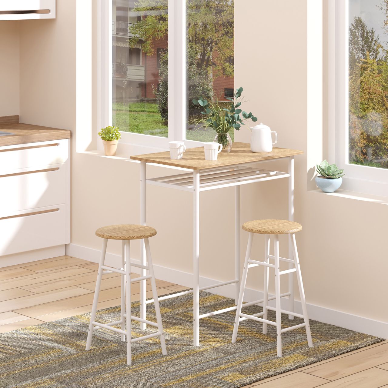HOMCOM Bartisch Set 3-teilig Esstisch mit 2 Barhocker Küchentisch und Stühle Stehtisch und Barhocker mit Lagerregal MDF-Platte Stahl Weiß Eiche 80 x 50 x 90 cm