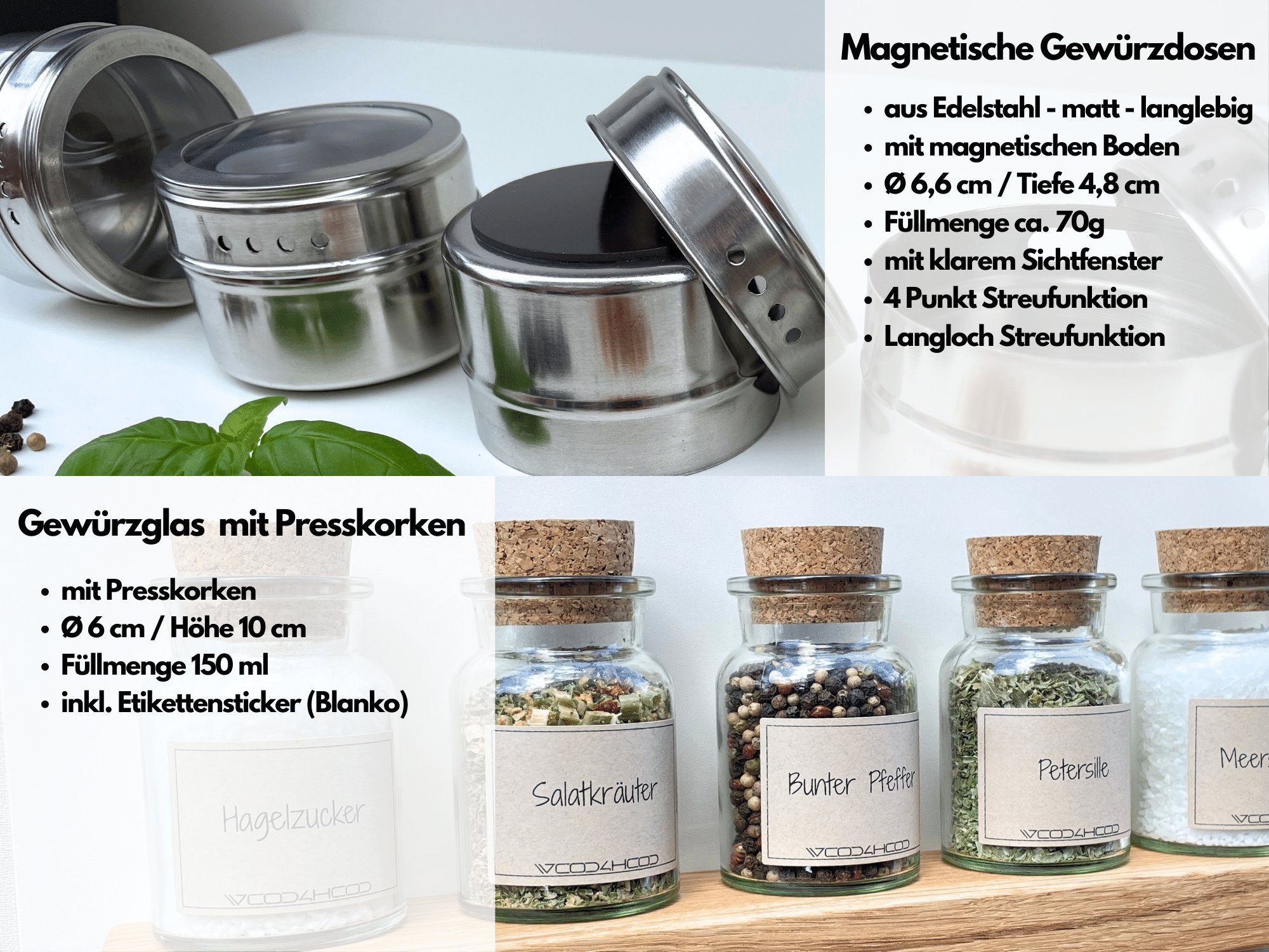 wood4hood Gewürzregal MAGNET, Spar-Set mit viel Zubehör, Magnettafel mit magnetischen Böden aus Eiche · beschreibbar