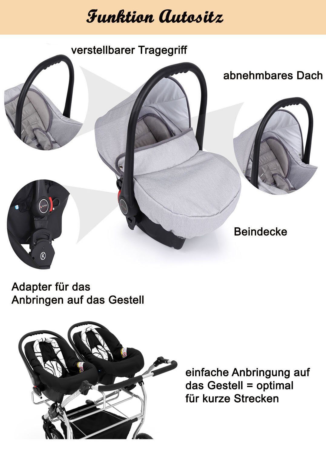 Elcar Zwillings-Kombikinderwagen Zwillingskinderwagen 3 in 1 Duo - 13 Teile - in 38 Farben