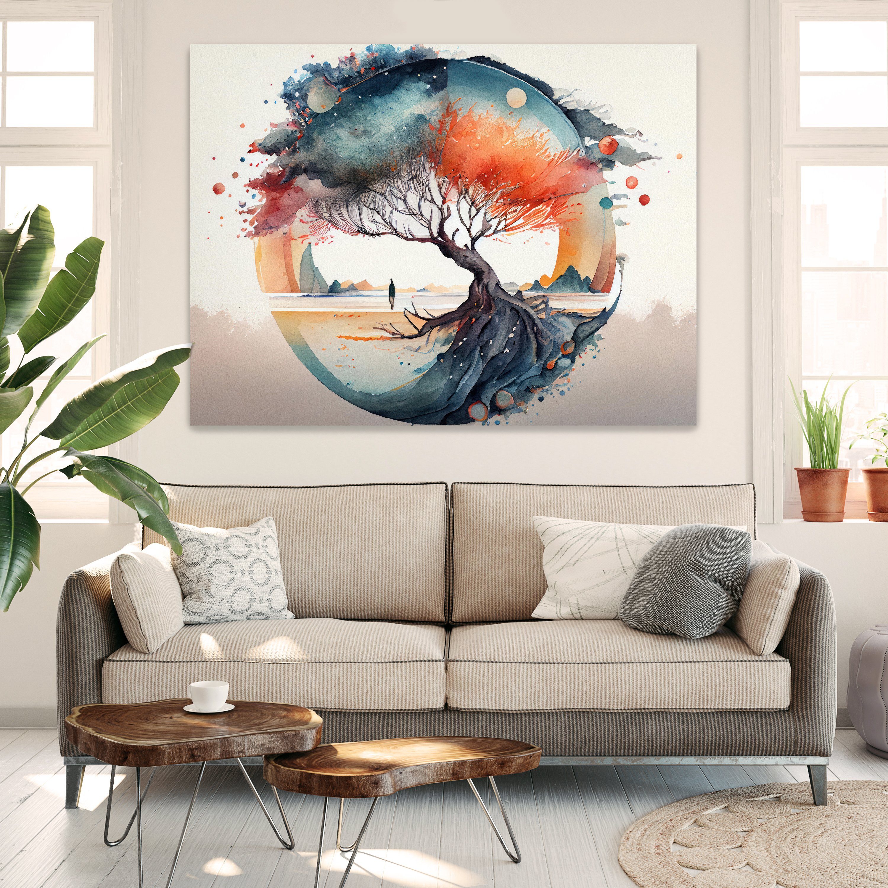wandmotiv24 Leinwandbild Aquarell, Baum, Querformat, Kunst & Gemälde (1 St), Wandbild, Wanddeko, Leinwandbilder in versch. Größen