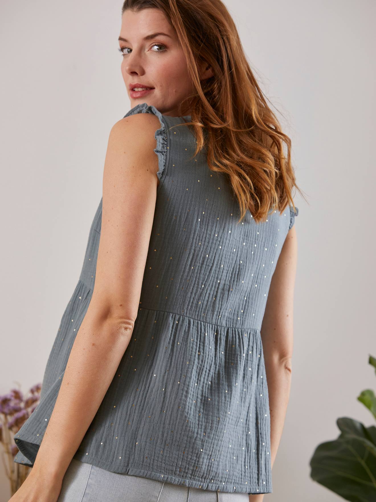Blouse de grossesse et d'allaitement gaze de coton vert