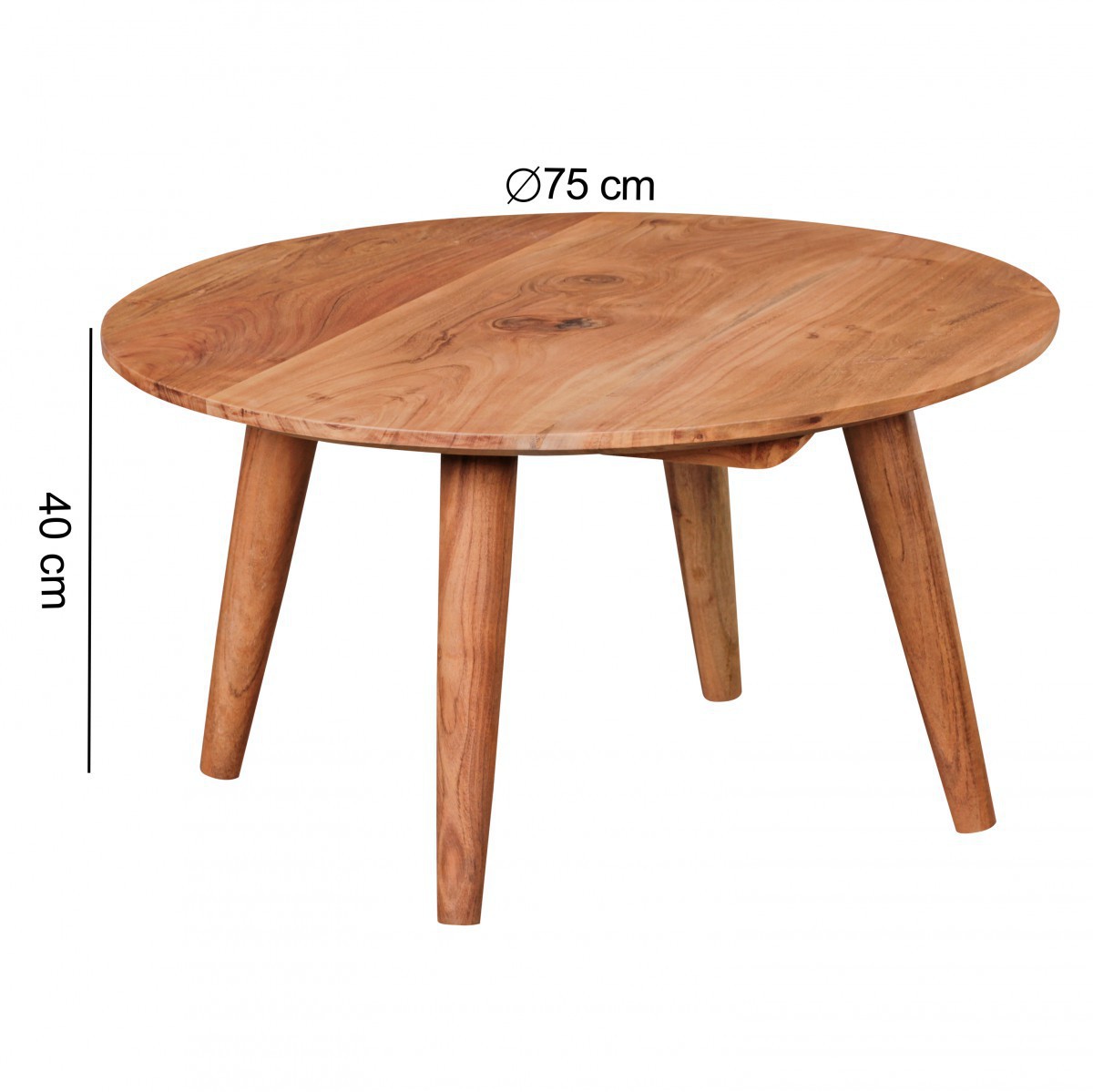 Wohnling Couchtisch Massivholz Akazie | Wohnzimmertisch rund Ø75 x 40 cm | Beistelltisch mit 4 Beinen im Landhausstil