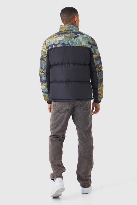 Camouflage Colorblock Steppjacke mit Trichterkragen