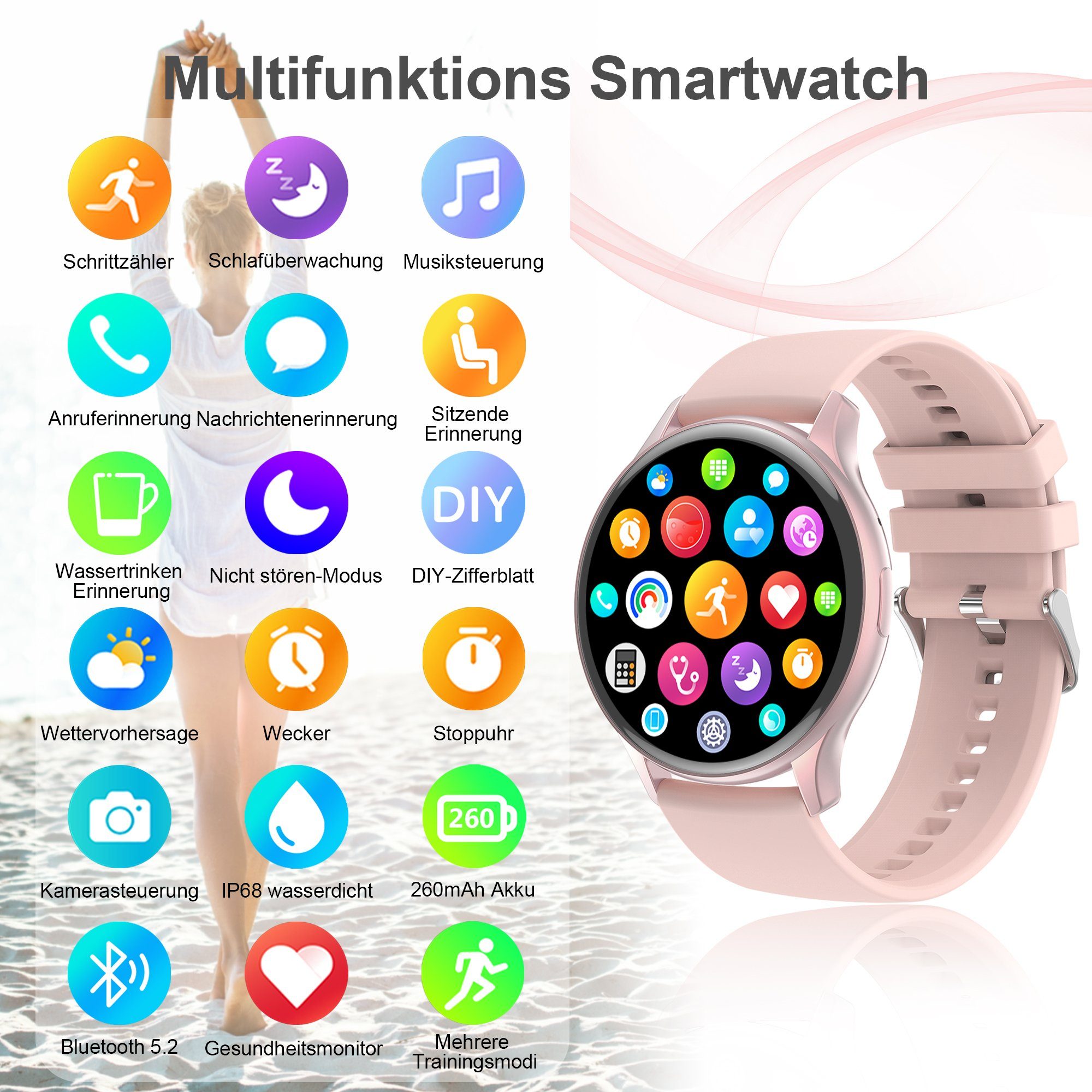 Mutoy Smartwatch für Damen Herren, Fitness Tracker Uhr Smartwatch (1,43 Zoll Runde AMOLED Touchscreen Zoll) Telefon Uhr mit Anruffunktion, IP68 Wasserdicht Fitness Uhr mit, Pulsmesser Schrittzähler Schlafmonitor Stoppuhr Musiksteuerung, Aktivitätstra