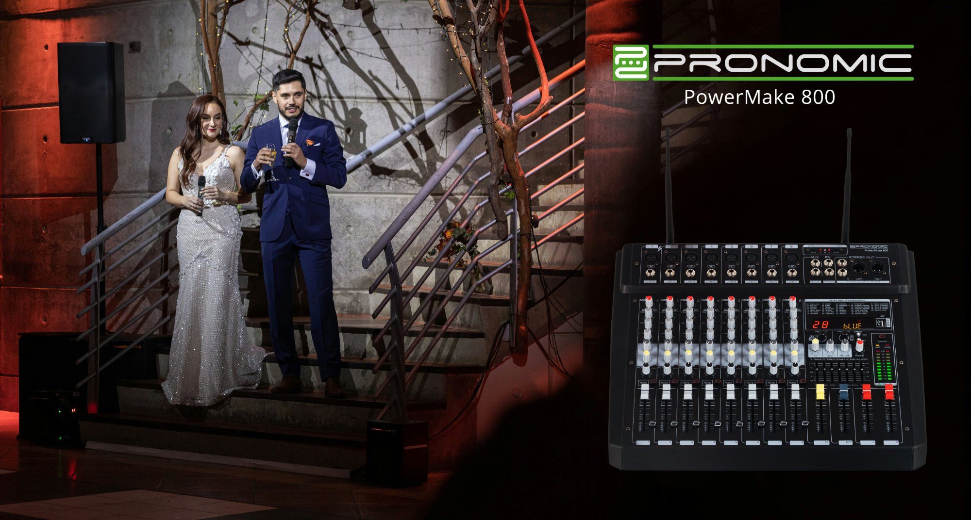 Pronomic Mischpult 8-Kanal-Powermischer 760 Watt RMS-Leistung, (inkl. 2 Funkmikrofone mit integriertem UHF-Empfänger), Bluetooth®/USB-Player/Recorder - Grafischer Equalizer