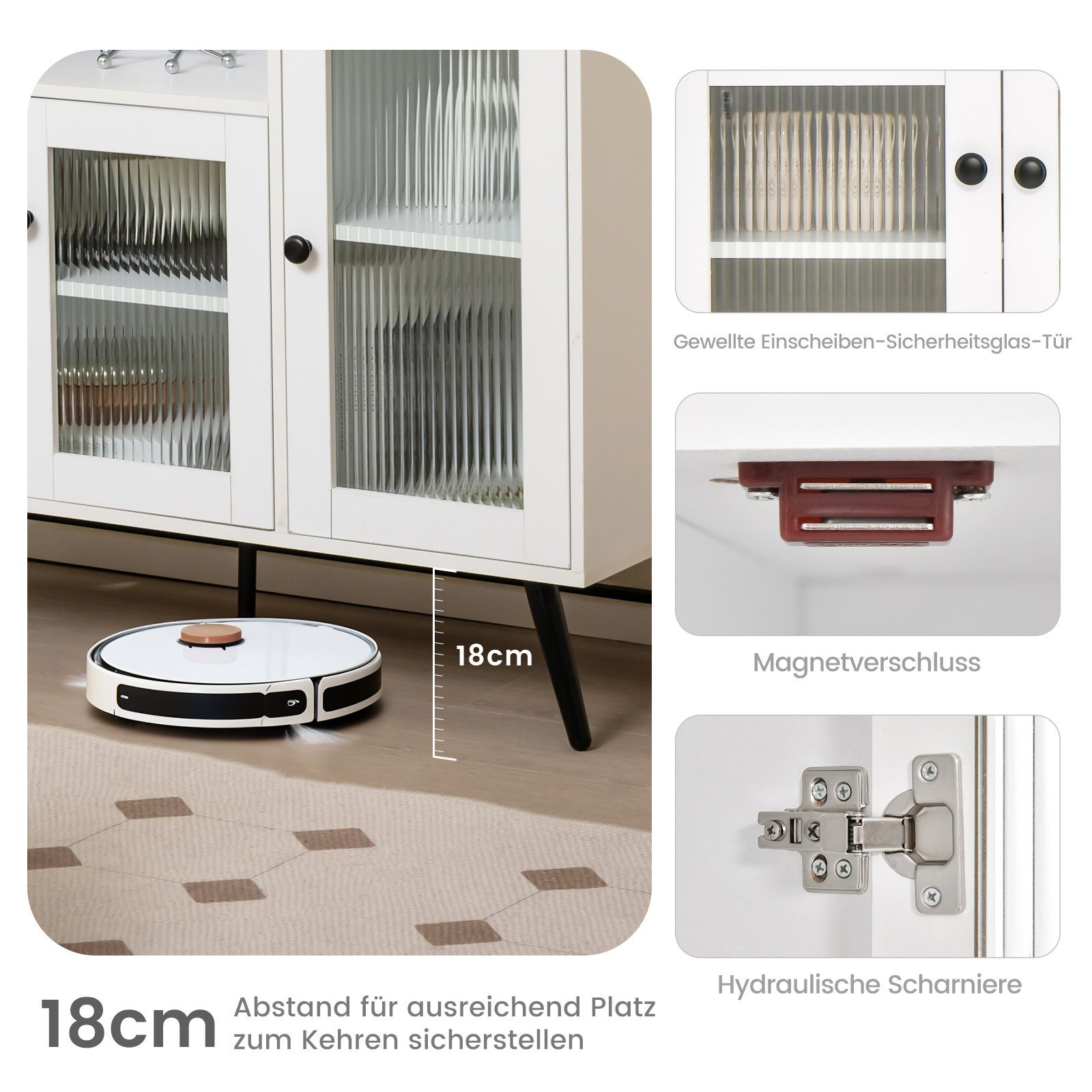 COSTWAY Küchenbuffet mit Glastüren & Fächern, Kippschutz, 100x39,5x100cm
