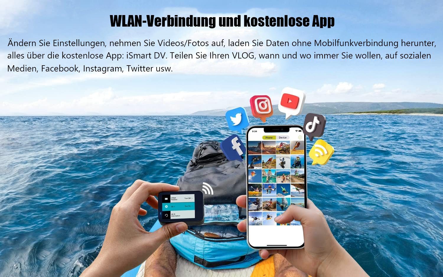 COOAU CU-SPC02 Action Cam 2-Zoll-IPS-empfindlicher Touchscreen 4K 60FPS 20MP Action Cam (Ultra HD 4K, 2.4GHz WLAN( WiFi, 8x opt. Zoom, 8X Zoom,40M Unterwasserkamera,6-Achsen-Anti-Shake-EIS, 2x1350mAh Akkus, externes Mikrofon, 16 Zubehör Kit)