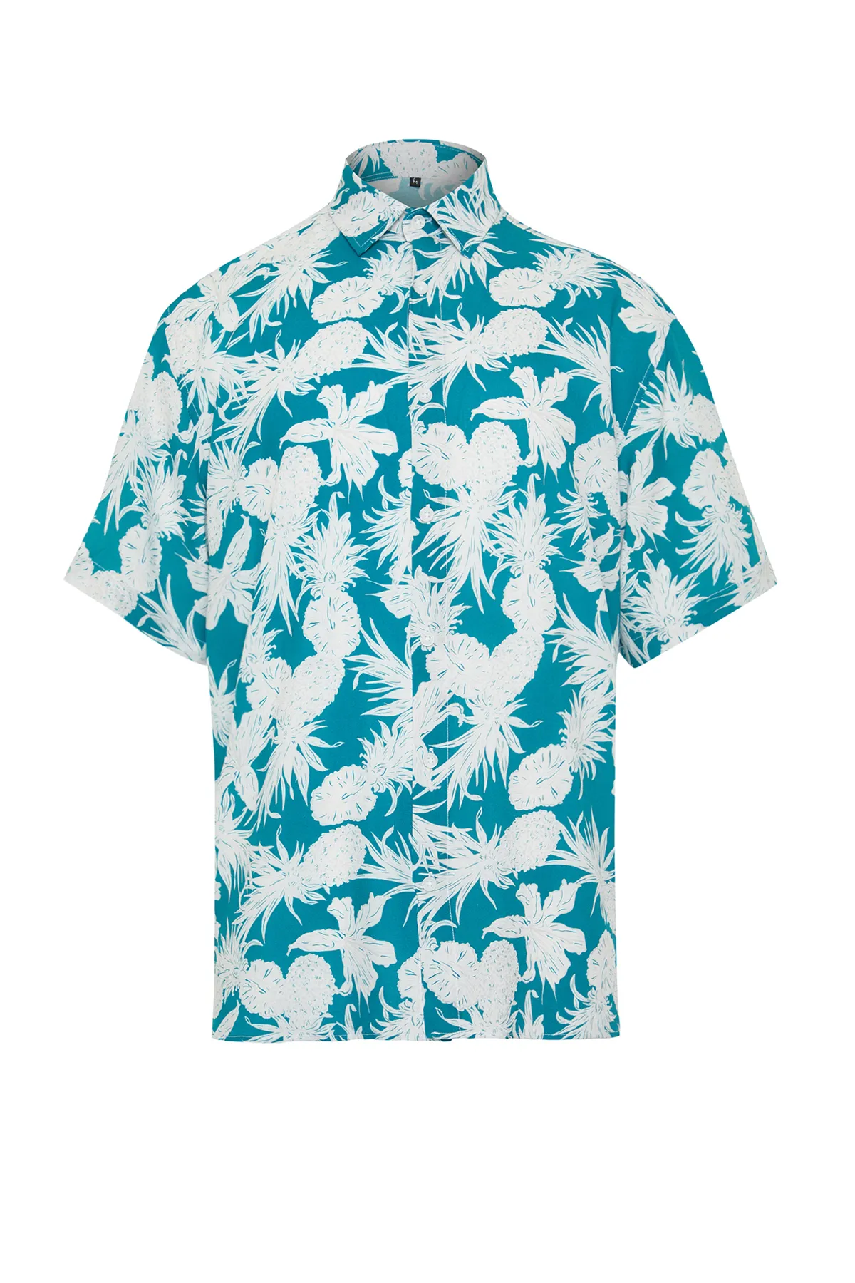 Trendyol Collection  Blaues Unisex-Sommerhemd mit übergroßer Passform und Ananas-Print aus 100 % Viskose, kurzärmlig, fließend, Sommerhemd TMNSS24GO00041
