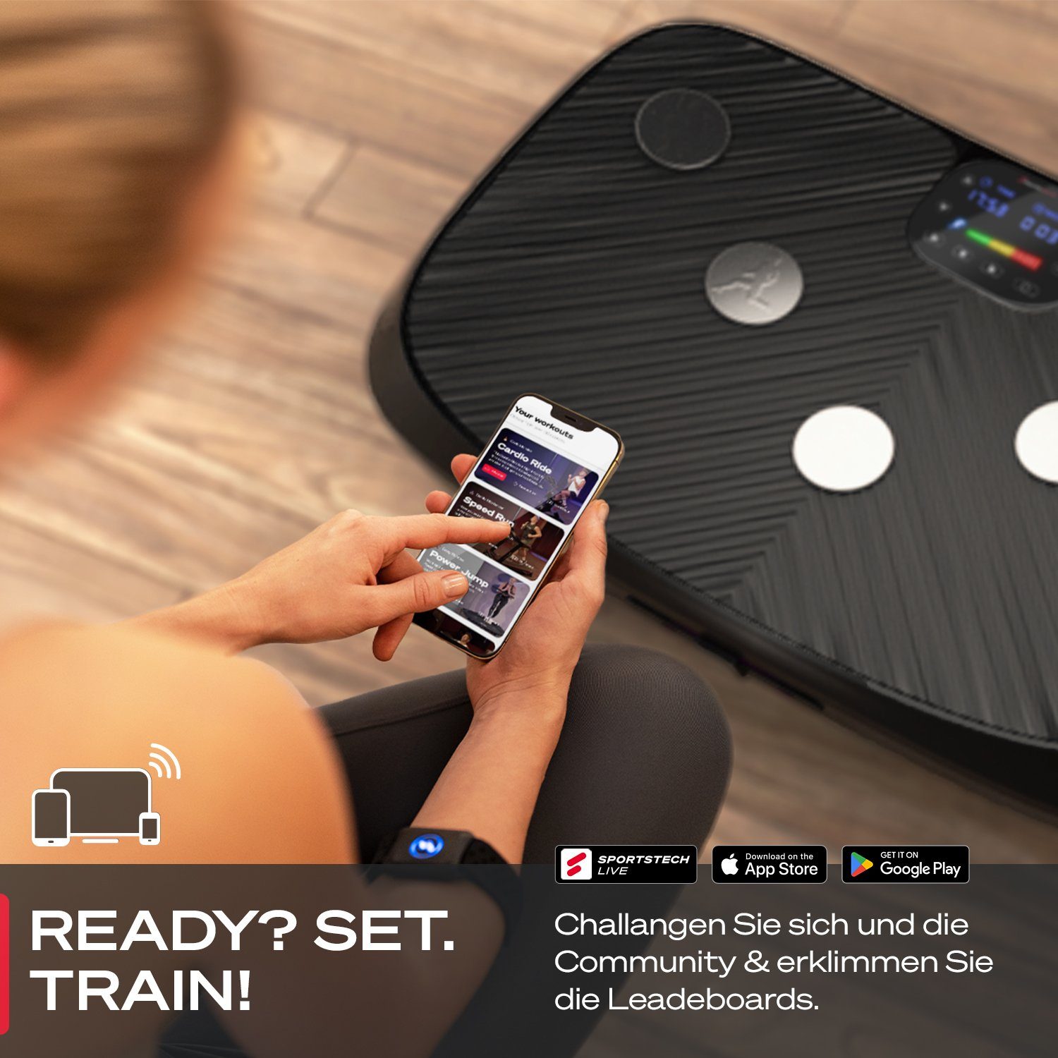 Sportstech Vibrationsplatte VP400, 450,00 W, 60 Intensitätsstufen, 4D Vibration Curved Design + Trainings-Videos und Color Touch Display
