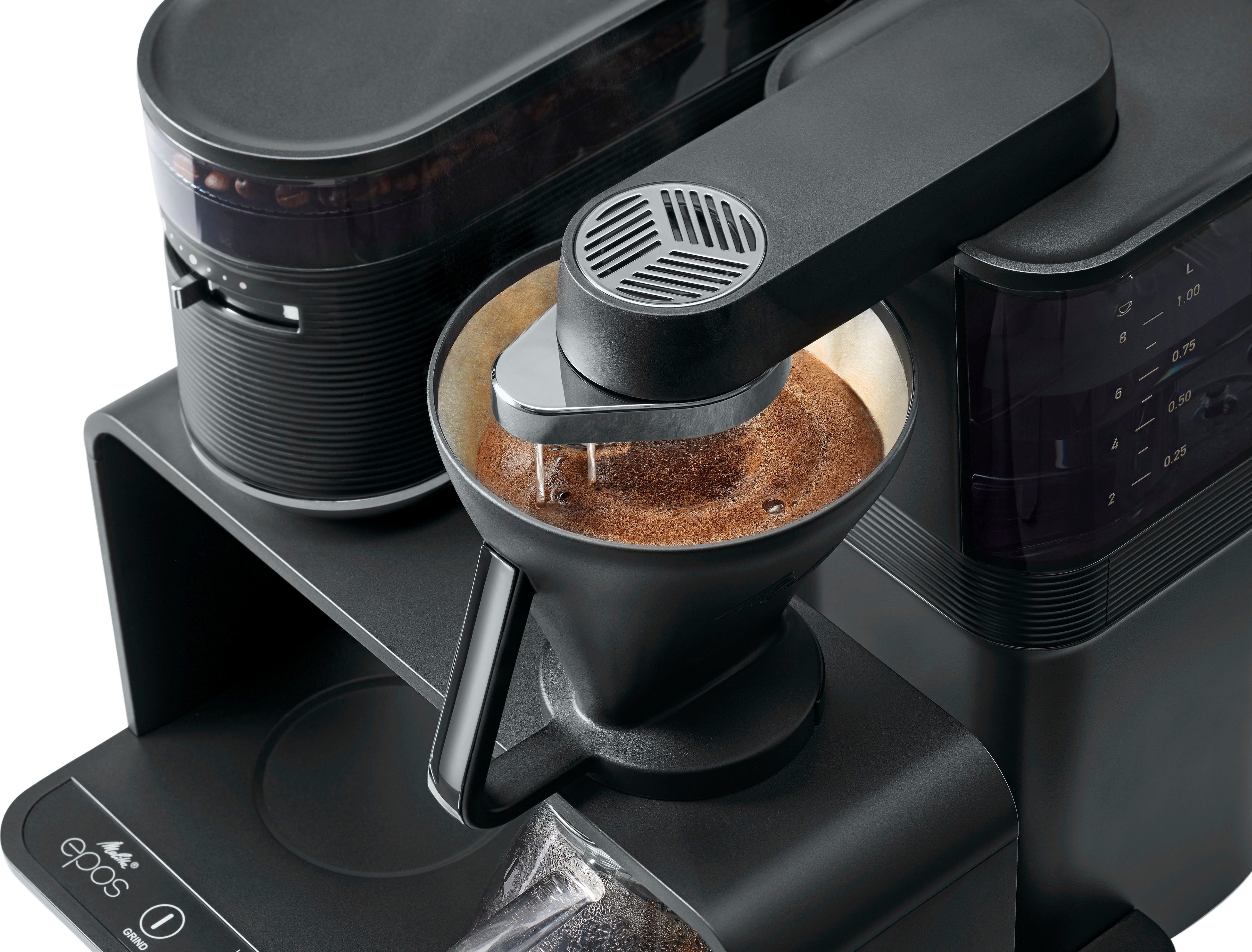 Melitta Kaffeemaschine mit Mahlwerk EPOS® 1024-03 Schwarz/Silber 360°rotierender Wasserauslauf, 1l Kaffeekanne, Papierfilter 1x4