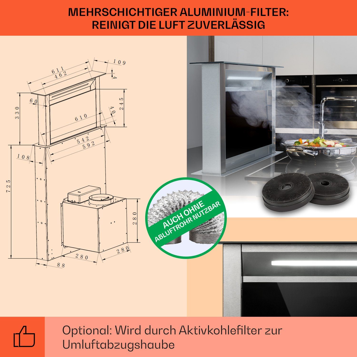 Klarstein Deckenhaube Serie CGCH3-Royal-FlushEco Royal Flush Eco, Tischabzugshaube Kochfeld Dunstabzugshaube Umluft Abluft Einbau