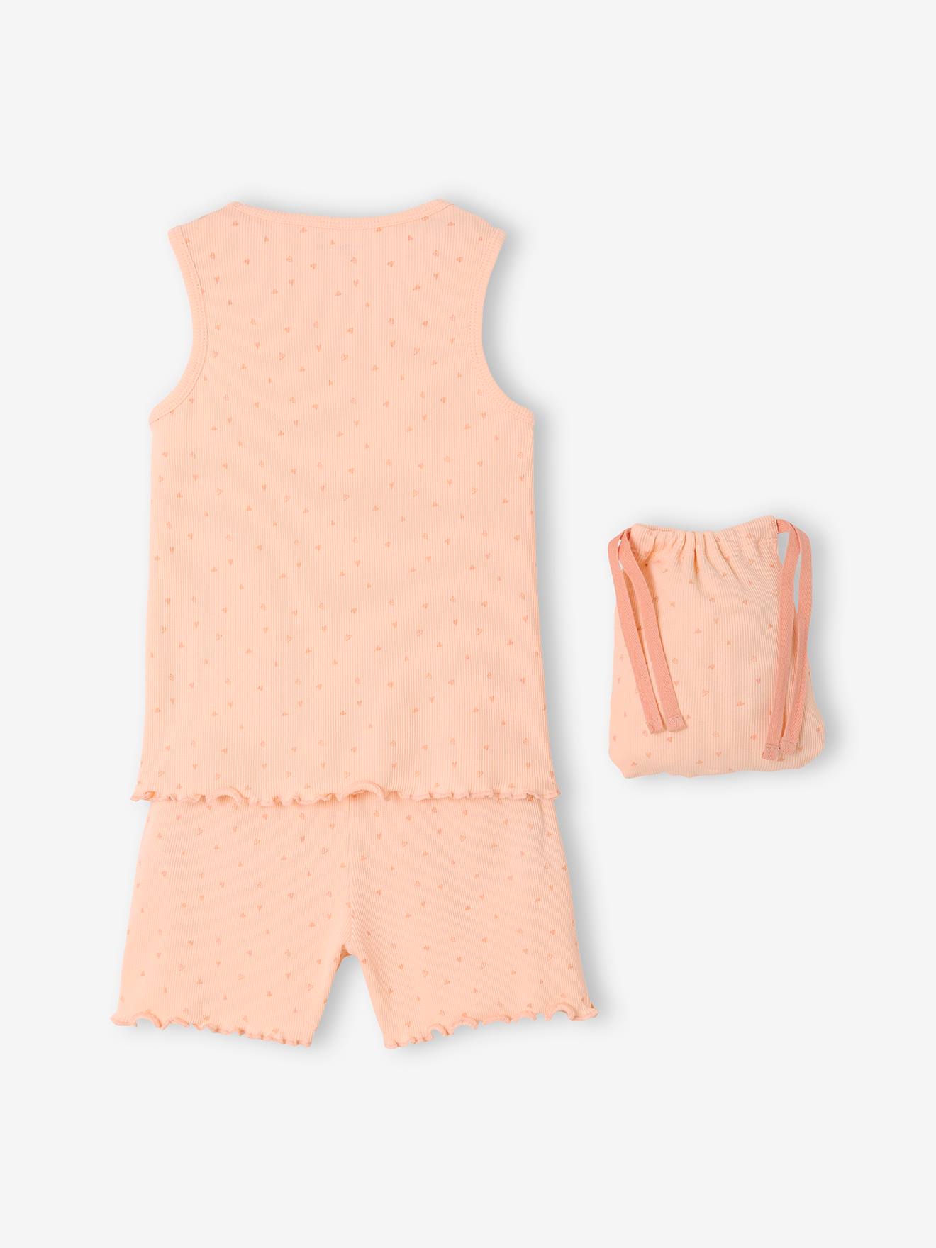 Pyjashort fille + pochon en maille côtelée rose aop