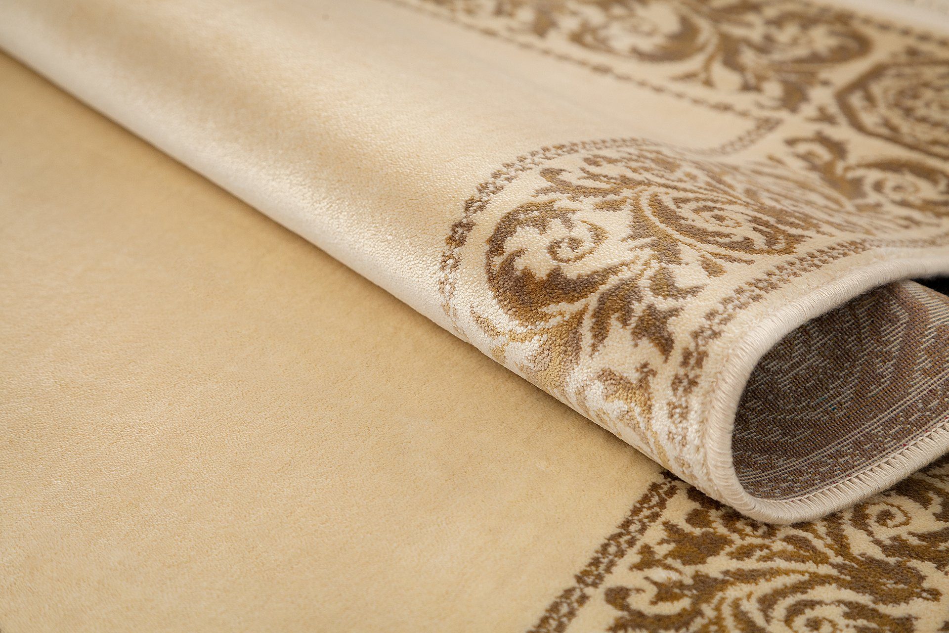 Designteppich Belle Arti Premium Wohnzimmer Mäander Teppich, Belle Arti, Rechteckig, Höhe: 8 mm, Seidig, samtig, handgeknüpfte Fransen, glänzend, Naturfasern