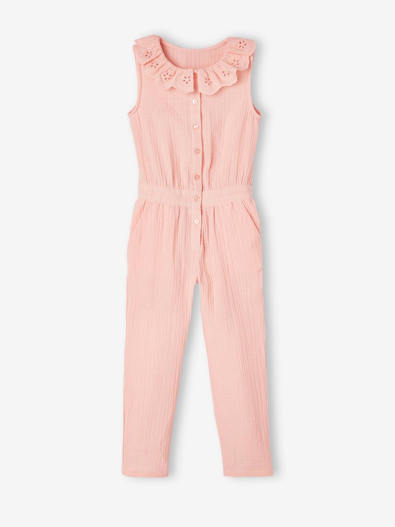 Combinaison longue en gaze de coton fille col en broderie anglaise rose pâle