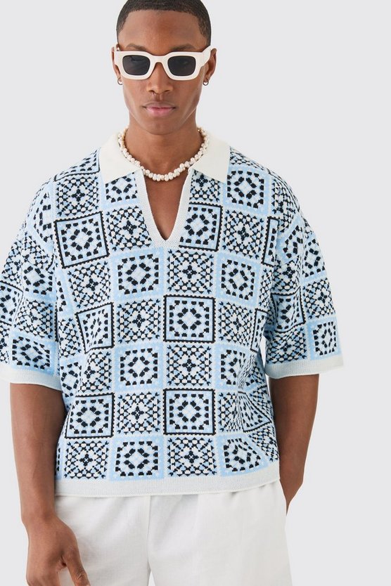 Kastiges gehäkeltes Oversize Poloshirt