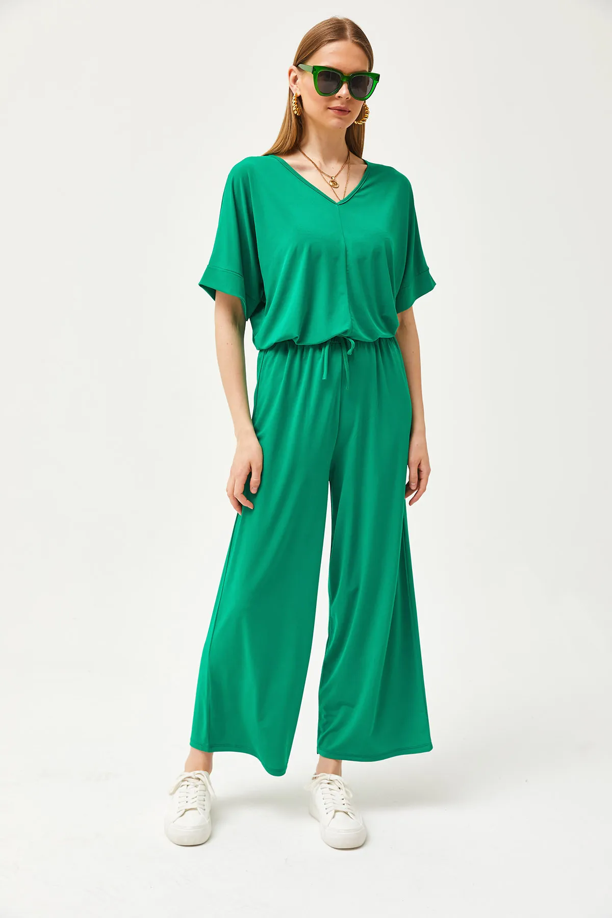 Olalook  Grünes Oberteil, Bluse, Unterteil, Palazzo, lockeres Strick-Set für Damen, TKM-19000267