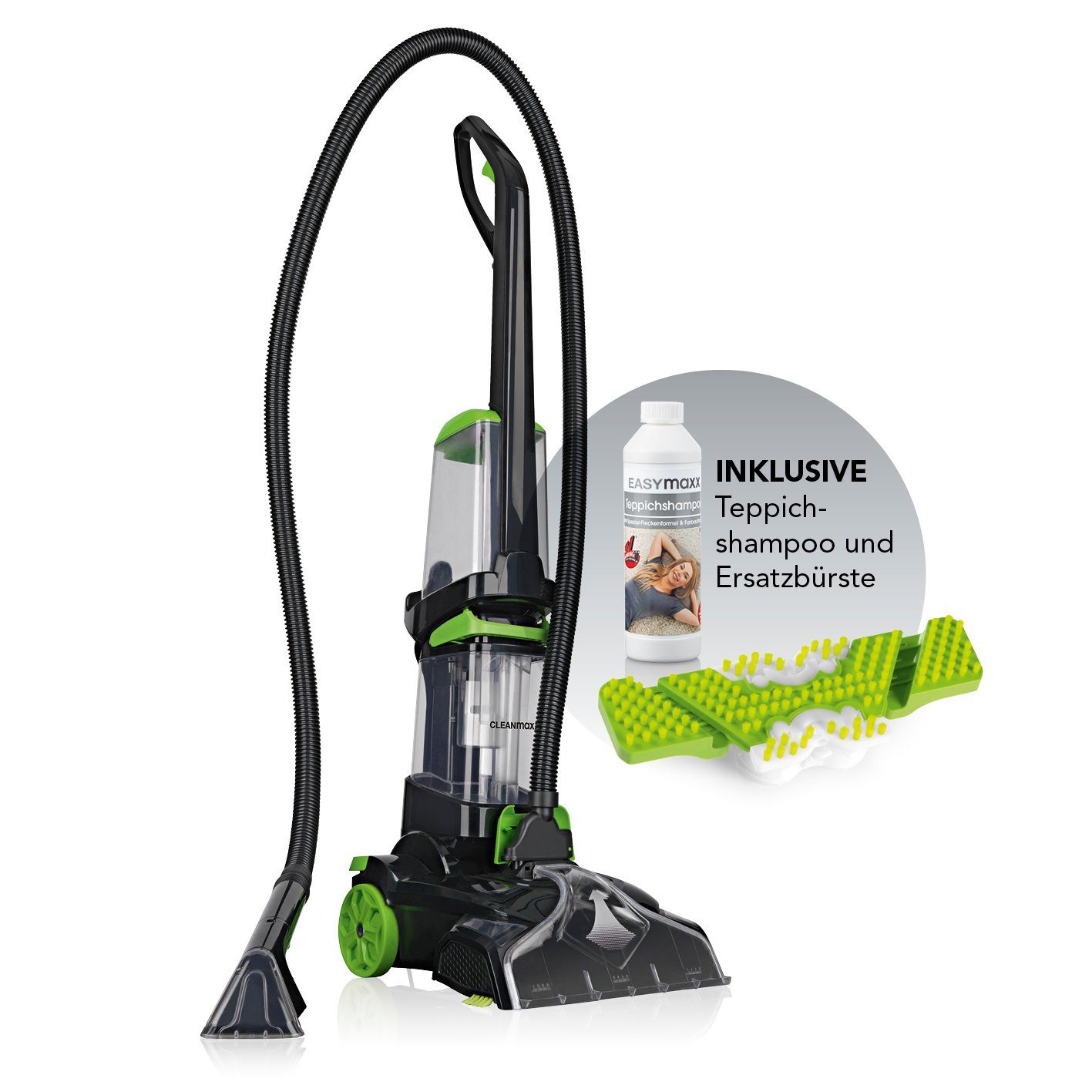 CLEANmaxx Teppichreinigungsgerät Teppichreiniger Professional Vibrations- und Seitenbürsten, 800 W, inkl. Shampoo & Ersatzbürste