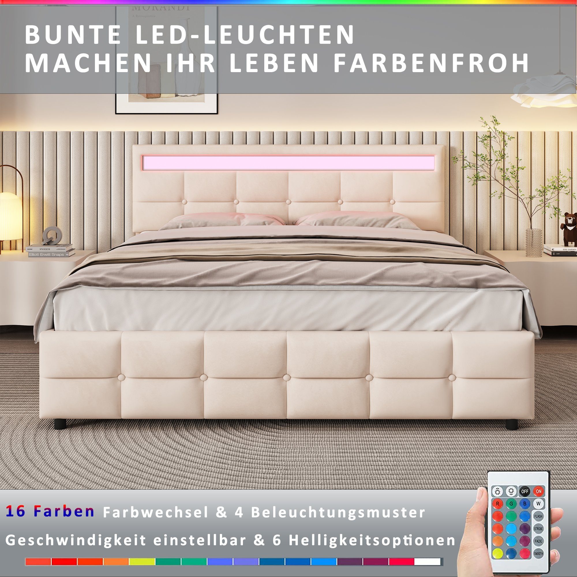 HAUSS SPLOE Polsterbett Polsterbett Doppelbett Funktionsbett Bettrahmen mit Schubladen (180 x 200 cm, Lattenrost und Rückenlehne, Matratze nicht enthaltet), Ohne Matratze