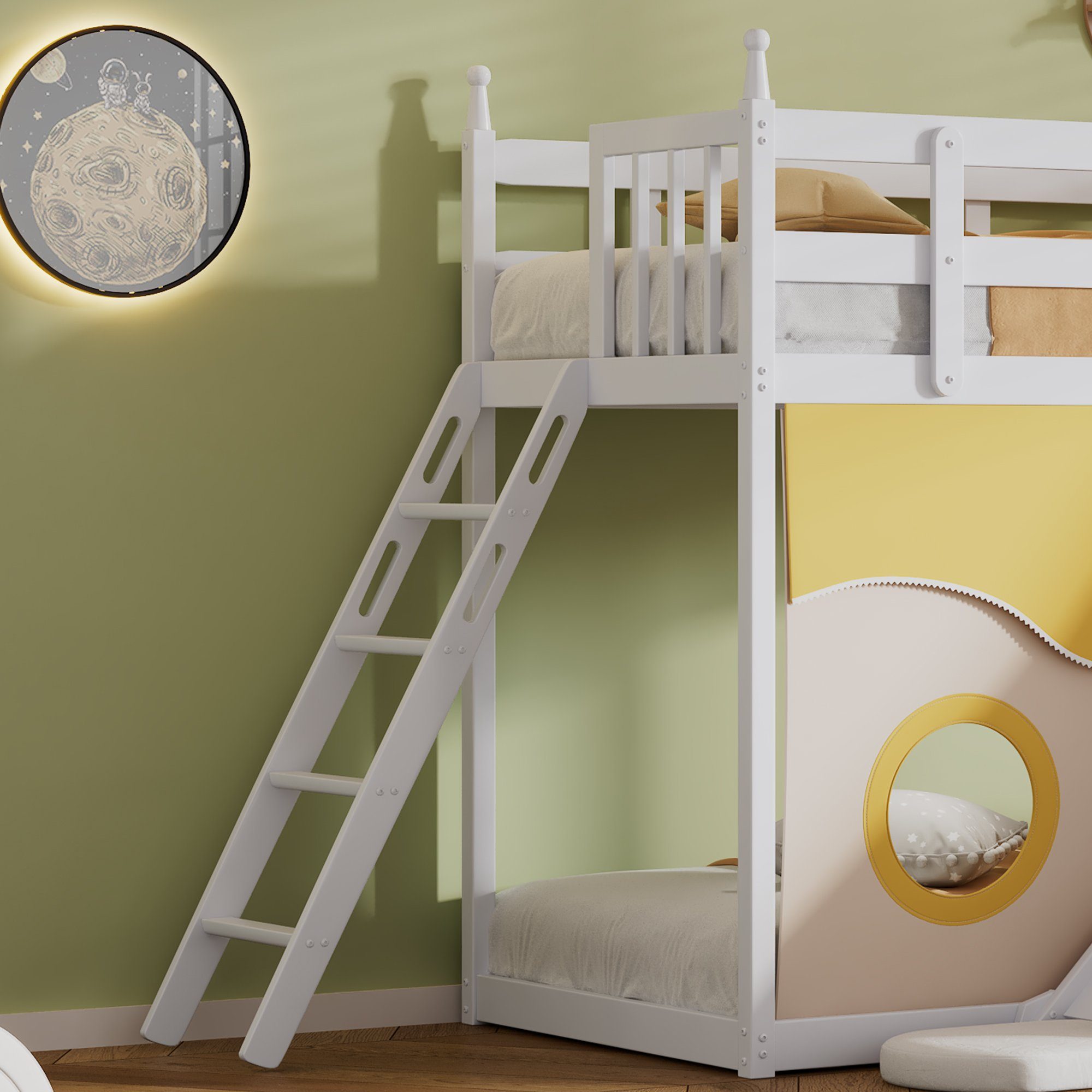 OKWISH Bett Kinderbett, Etagenbett, Holzbett mit Treppe und Zäune (mit Bettvorhang, Rutsche und Regal, mit Fallschutz und Gitter, Rahmen aus Kiefer, 90x200cm), Ohne Matratze