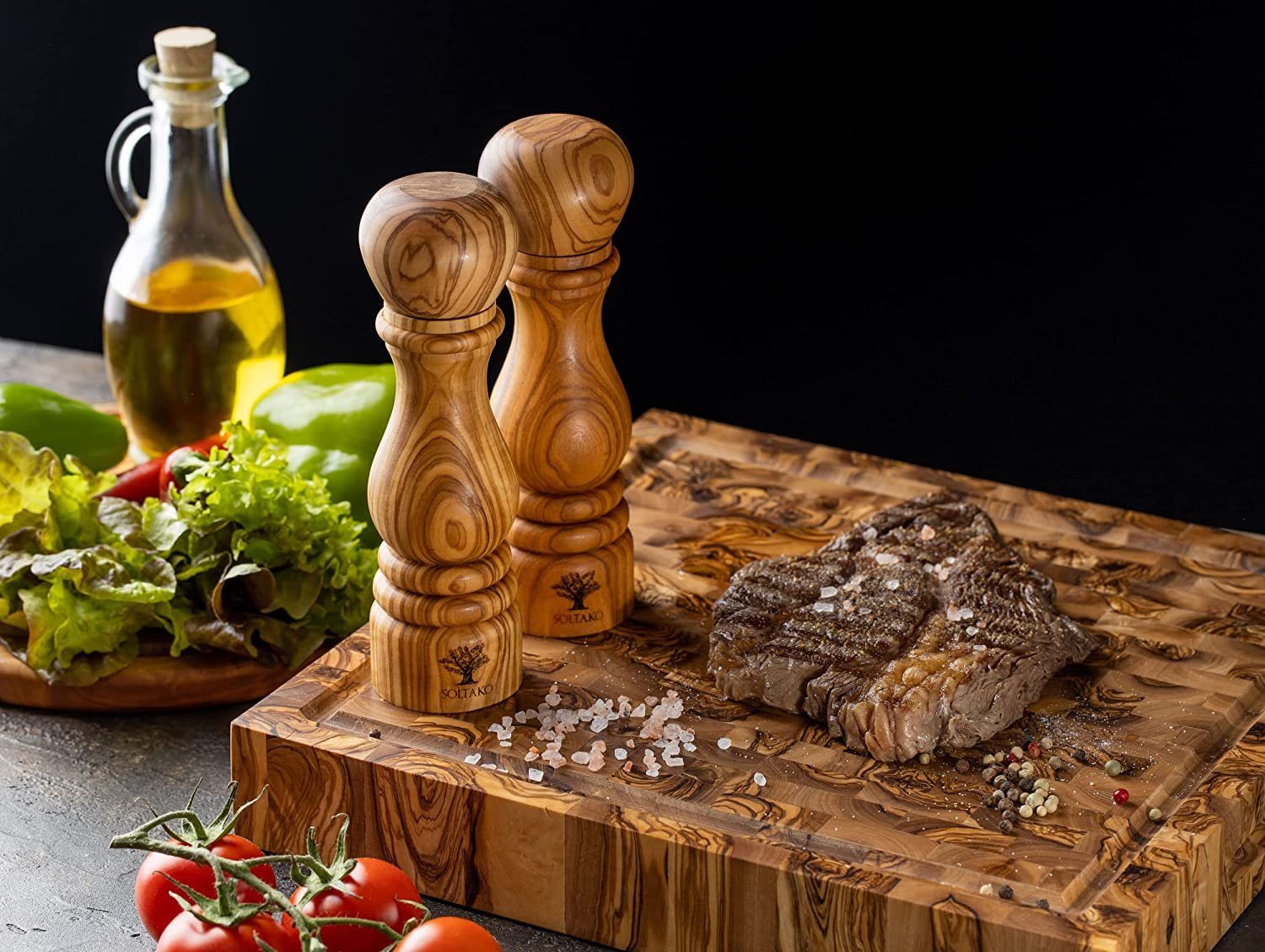 SOLTAKO Salz-/Pfeffermühle Olivenholz Salz und Pfeffermühlen Set 