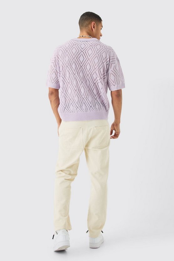 Kurzärmliges kastiges Strick-Poloshirt in Lila