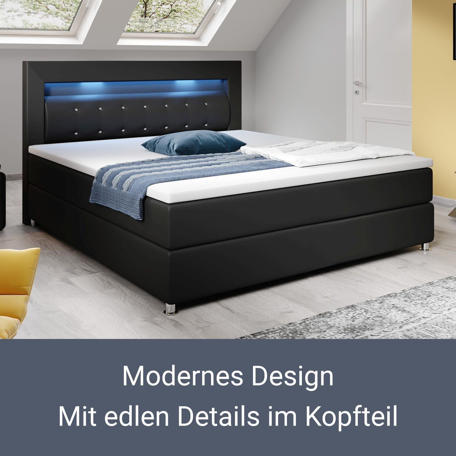 Juskys Boxspringbett Montana, 120x200 cm, Einzelbett mit Topper, Kopfteil und LED-Beleuchtung