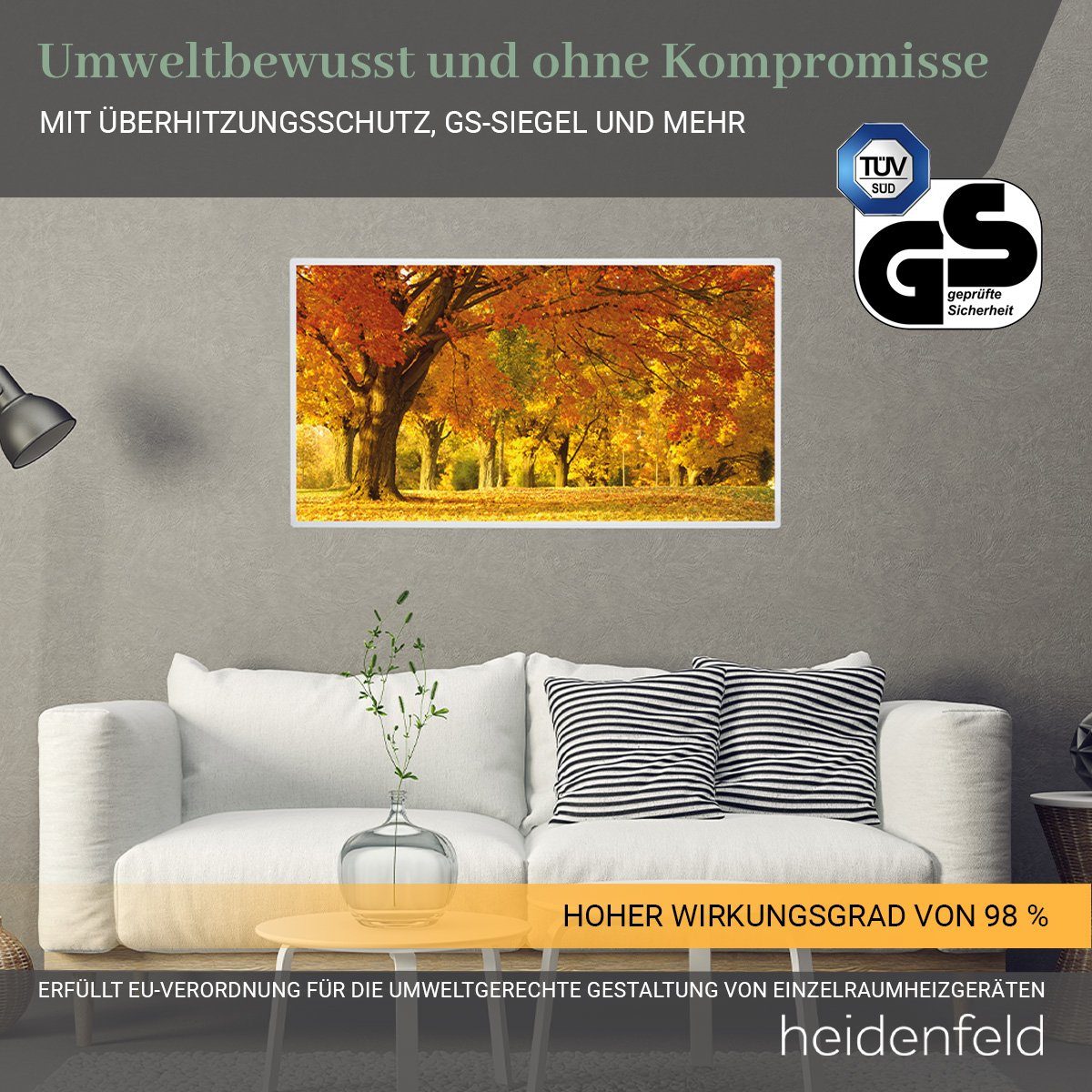 Heidenfeld Infrarotheizung Elektroheizung HF-HP105 Bergsee inkl. Thermostat, 300 - 1000 Watt, Infrarot Wand Bild Heizung Heizkörper - 10 J. Garantie - 28 Programme