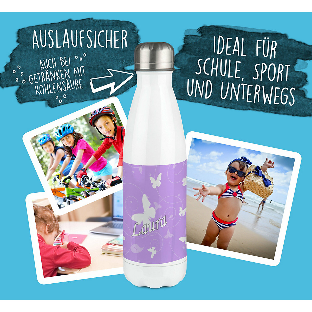 Edelstahl Kinder Thermoflasche / Trinkflasche bunt Schmetterling Ornamente Farbe flieder Spülmaschinenfest, Auslaufsicher, Bruchfest, Doppelwandig, Für Heißgetränke geeignet, Mit Deckel, Isoliert