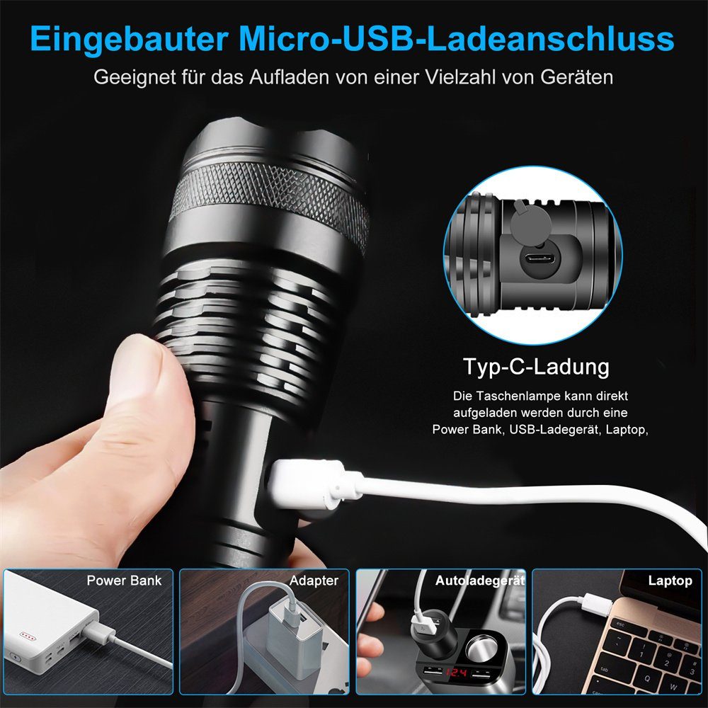 MDHAND Taschenlampe LED Taschenlampe USB Aufladbar Taktische Flashlight 5-Lichtmodi (1-St), Ideal für Outdoor Camping, Angeln, Nachts gehen