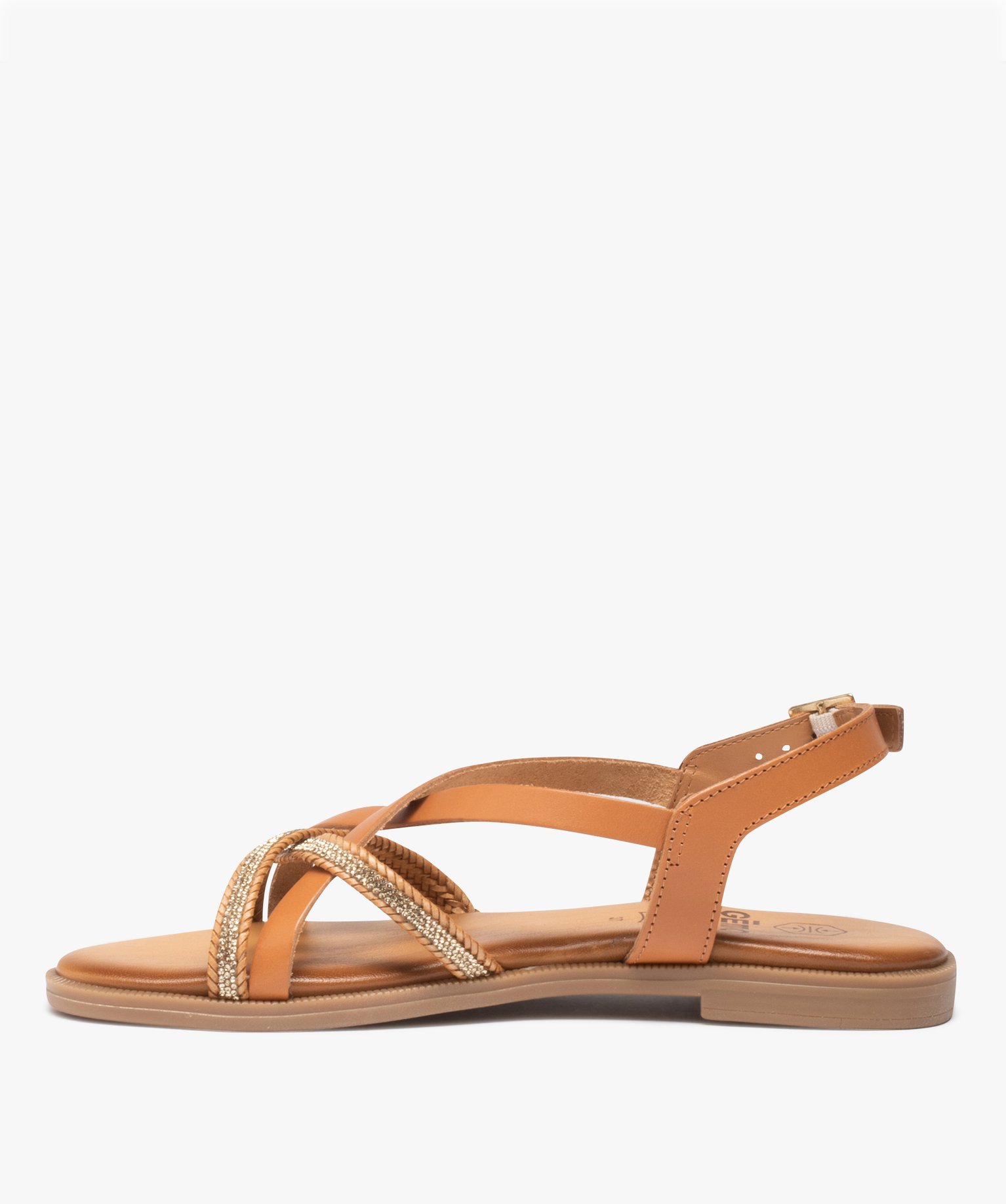Sandales femme unies en cuir et à strass camel | GEMO