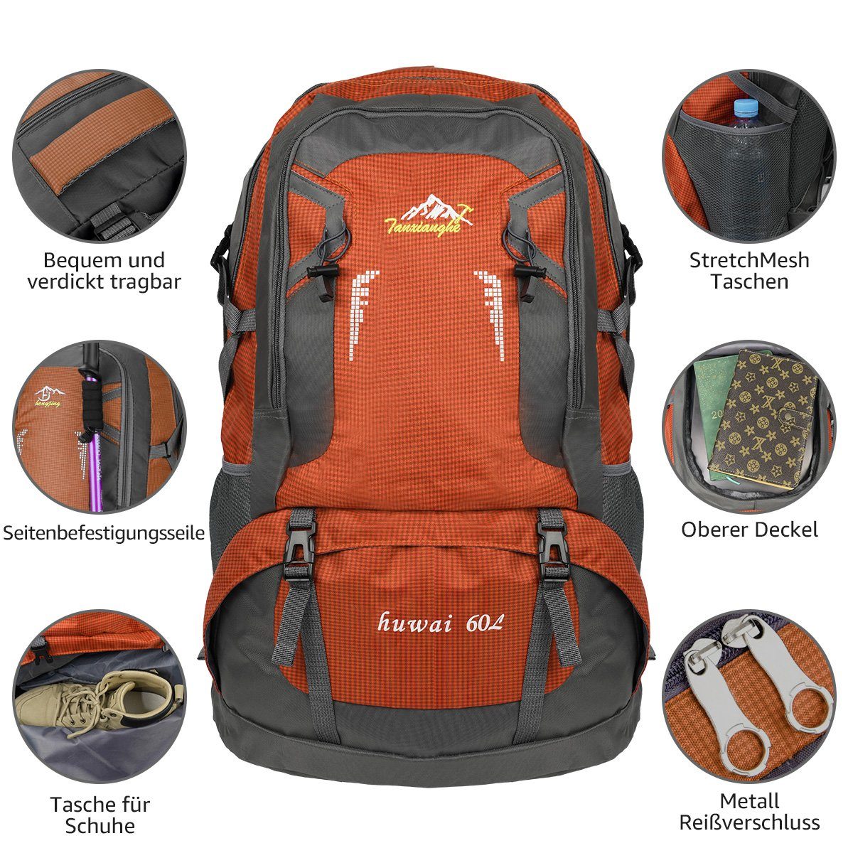 MULISOFT Tourenrucksack Trekkingrucksack 60 Liter Wanderrucksack Reiserucksack für Reisen, Rucksack Herren Große Pack wasserdichte