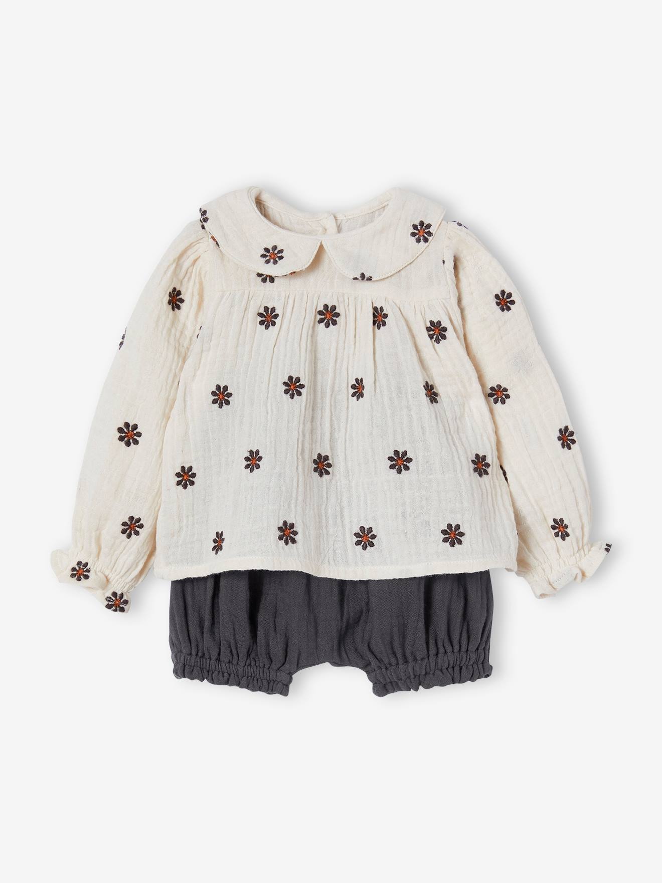Ensemble 2 pièces bébé blouse et bloomer écru