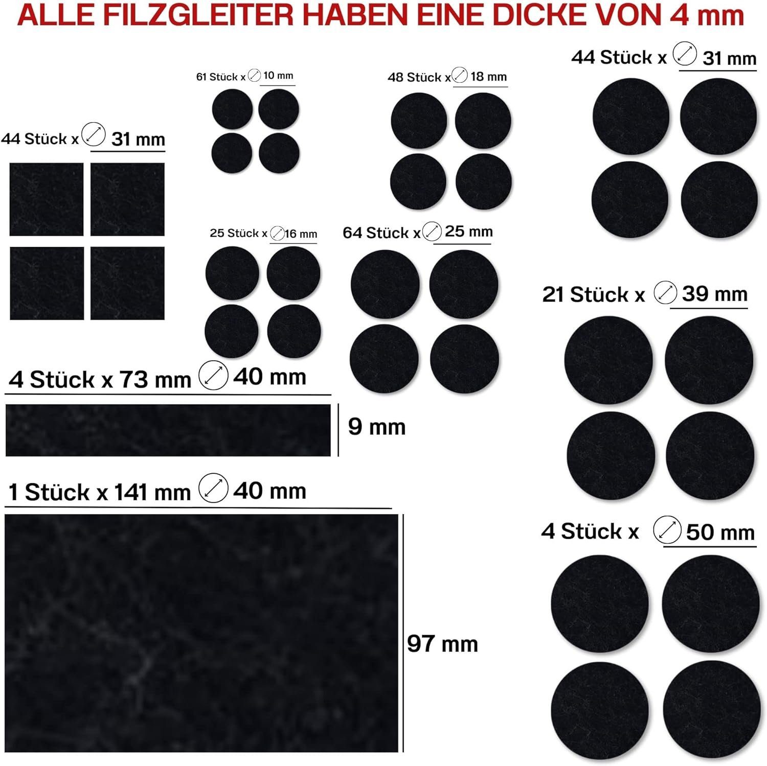 ToCi Filzgleiter 300x Filzgleiter Schwarz div. Größen selbstklebend Möbel Bodenschutz