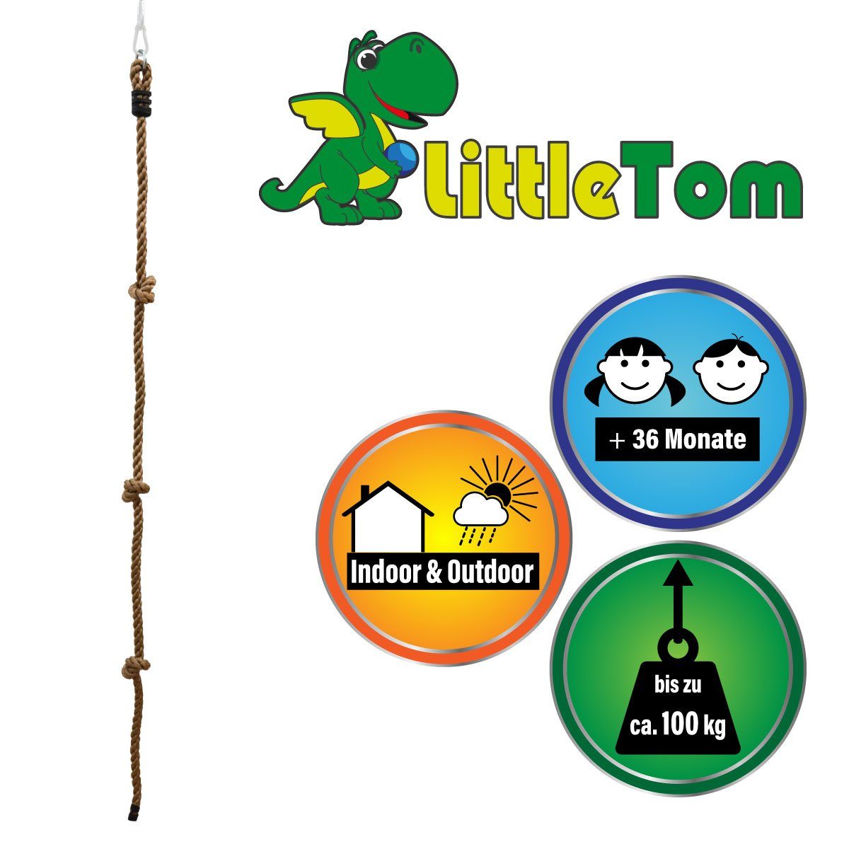 LittleTom Kletterwand Kinder Kletterseil Outdoor Kletter-Tau Knoten-Seil, 195 x 2,5 cm