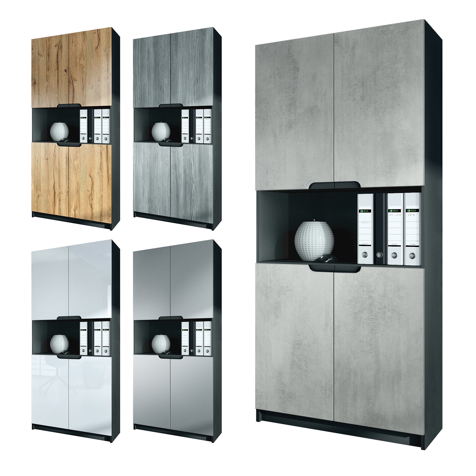 Vladon Aktenschrank Logan (Aktenschrank, mit 5 Fächern und 4 Türen) Schwarz matt/Eiche Natur (82 x 184 x 37 cm)