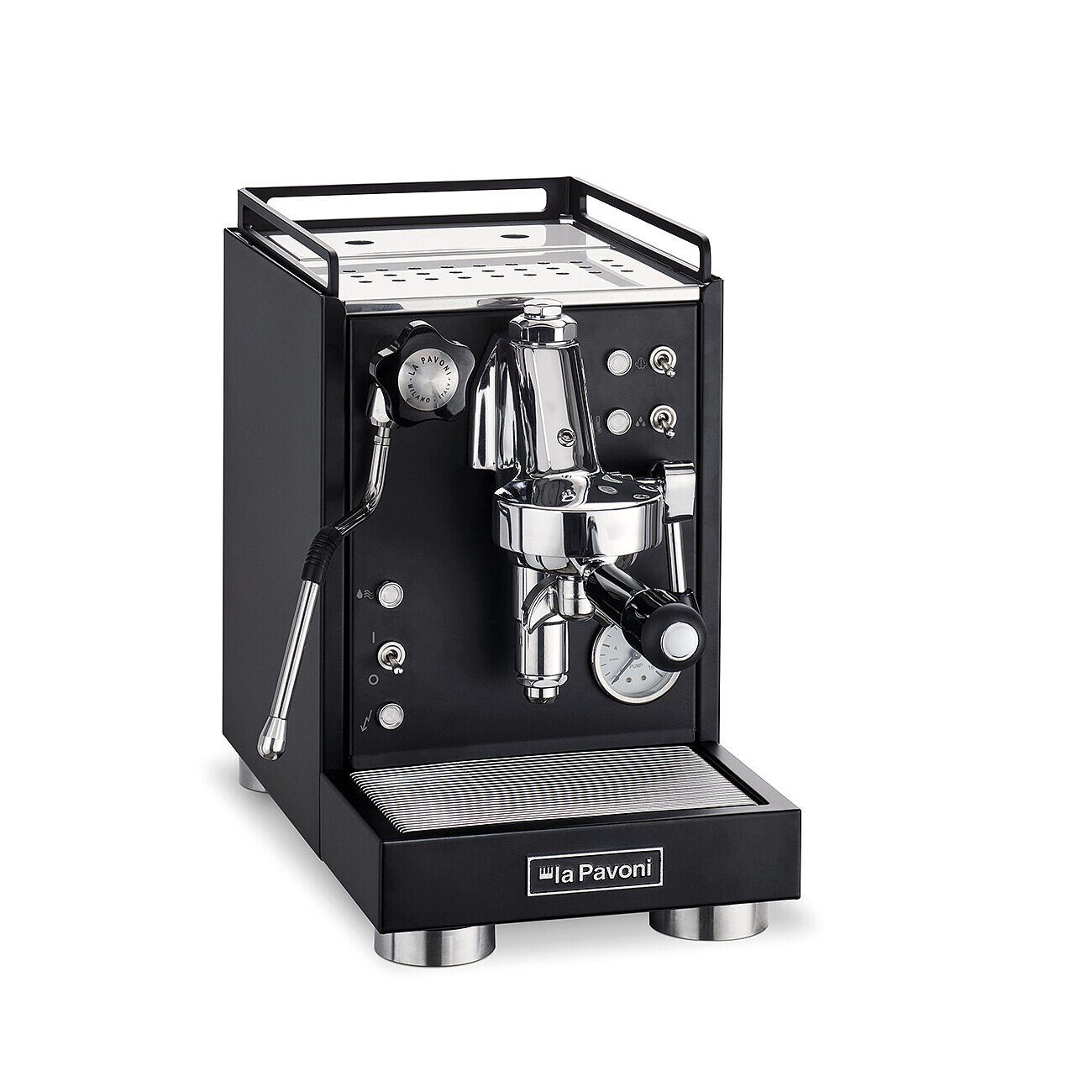 La Pavoni Siebträgermaschine La Pavoni New Mini Cellini Espressomaschine LPSMCB01EU, Kippschalter für Heißwasser- und Dampfentnahme, Pumpendruckmanometer