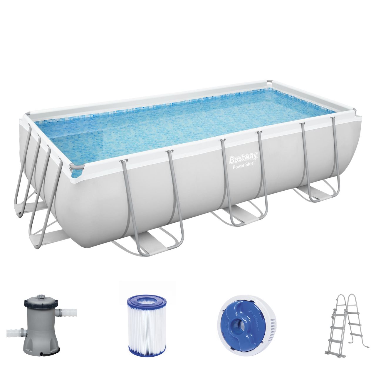 Bestway Power Steel™ Frame Pool-Set mit Filterpumpe 404 x 201 x 100 cm , lichtgrau, eckig