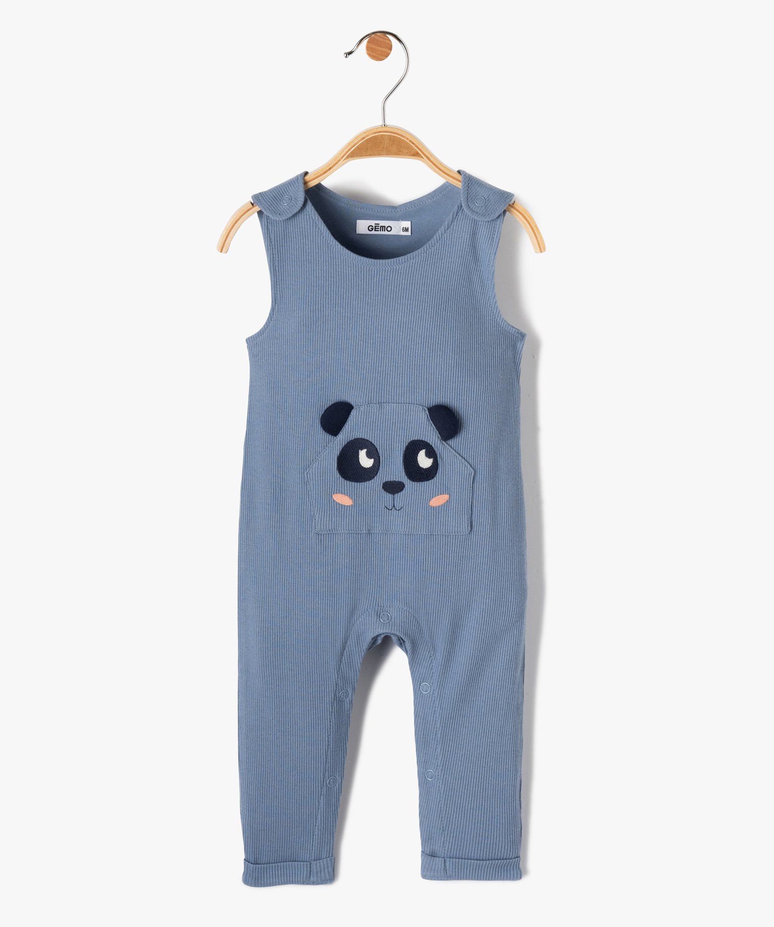 Salopette bébé en maille ctelée unie avec poche fantaisie bleu | GEMO