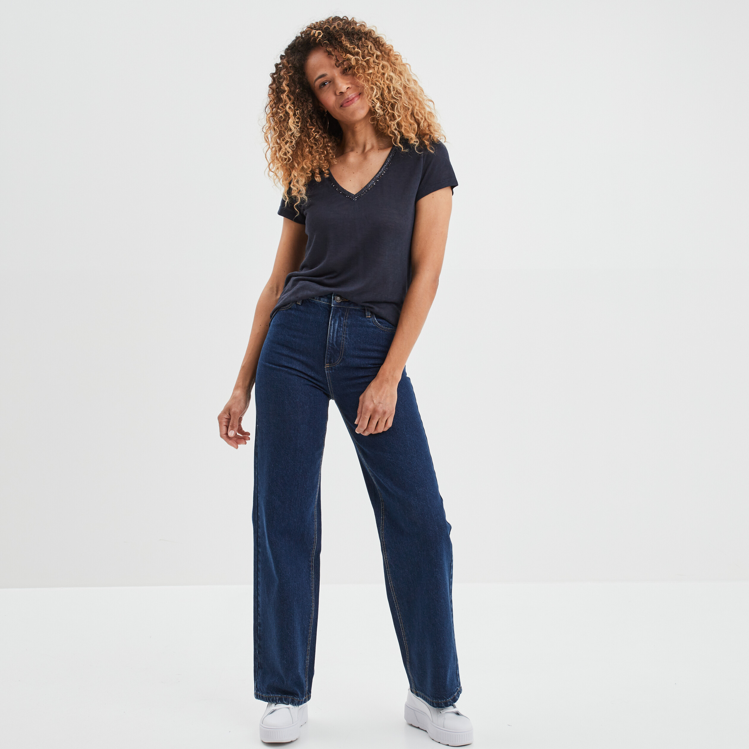 Jeans wide leg taille haute coton denim brut femme | La Halle