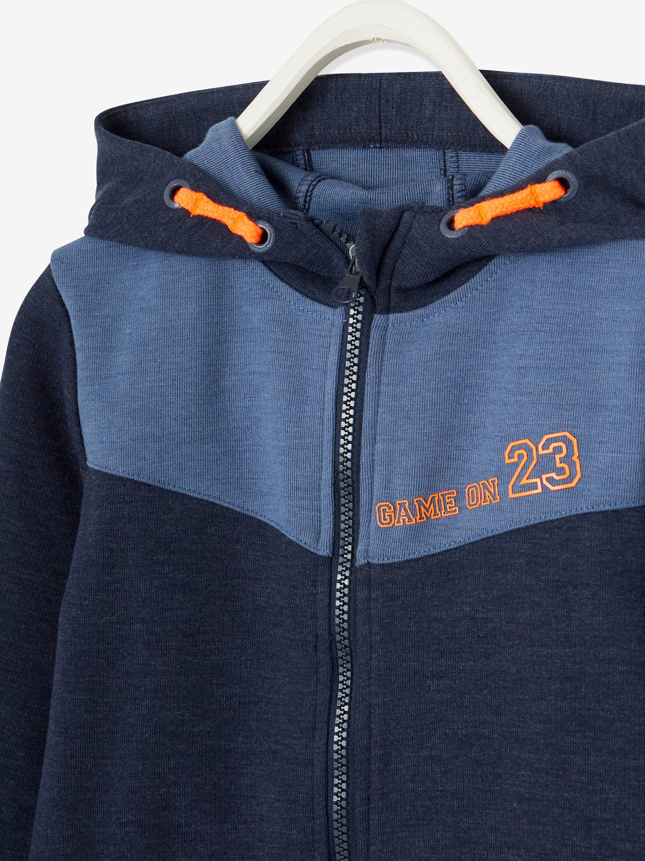 Sweat zippé sport garçon matière technique inscriptions graphiques bleu