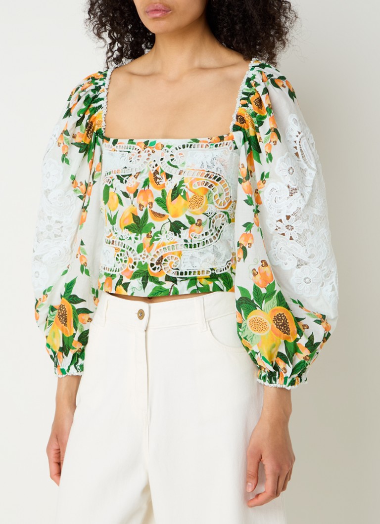 Farm Rio Papaya Salad crop top with print and openwork design