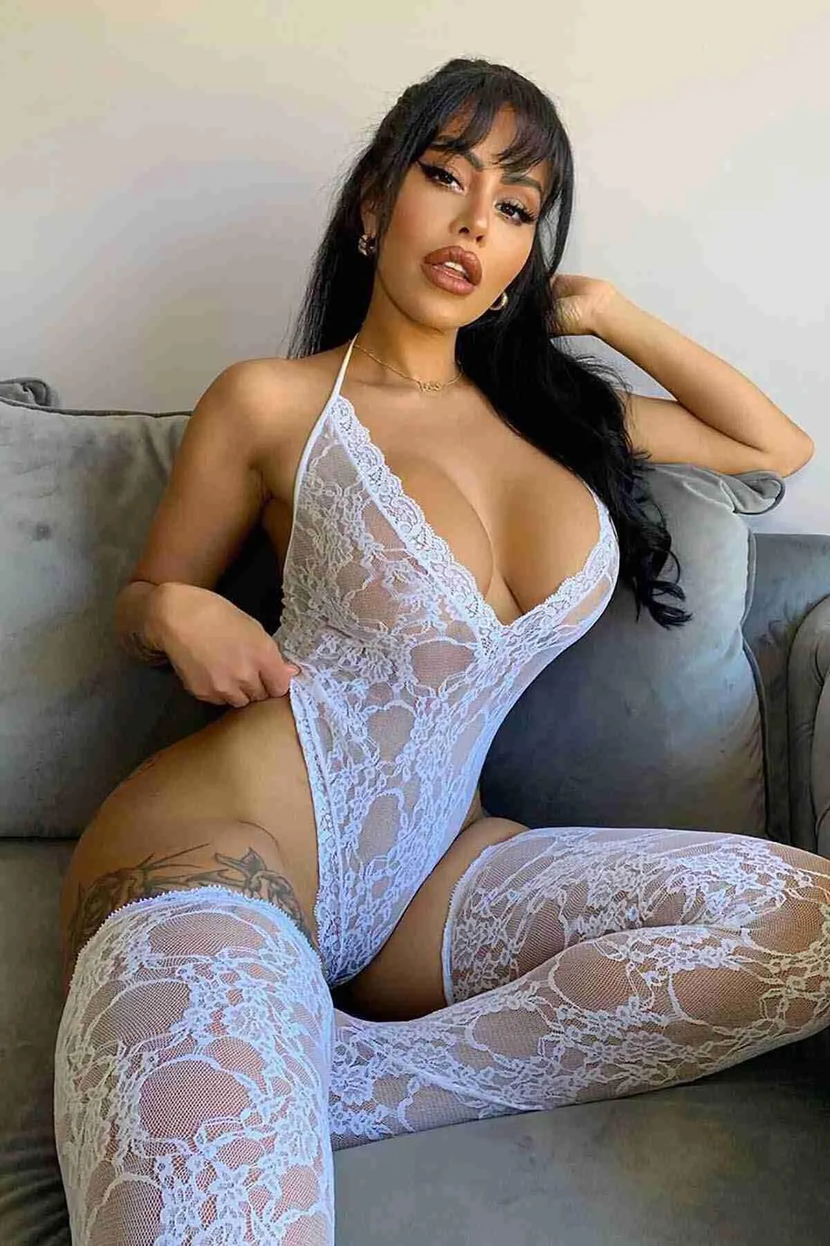 Merry See  Pilelistore Fancy Lingerie Bodysuit mit Spitzenstrümpfen Weiß - Ms79202-white