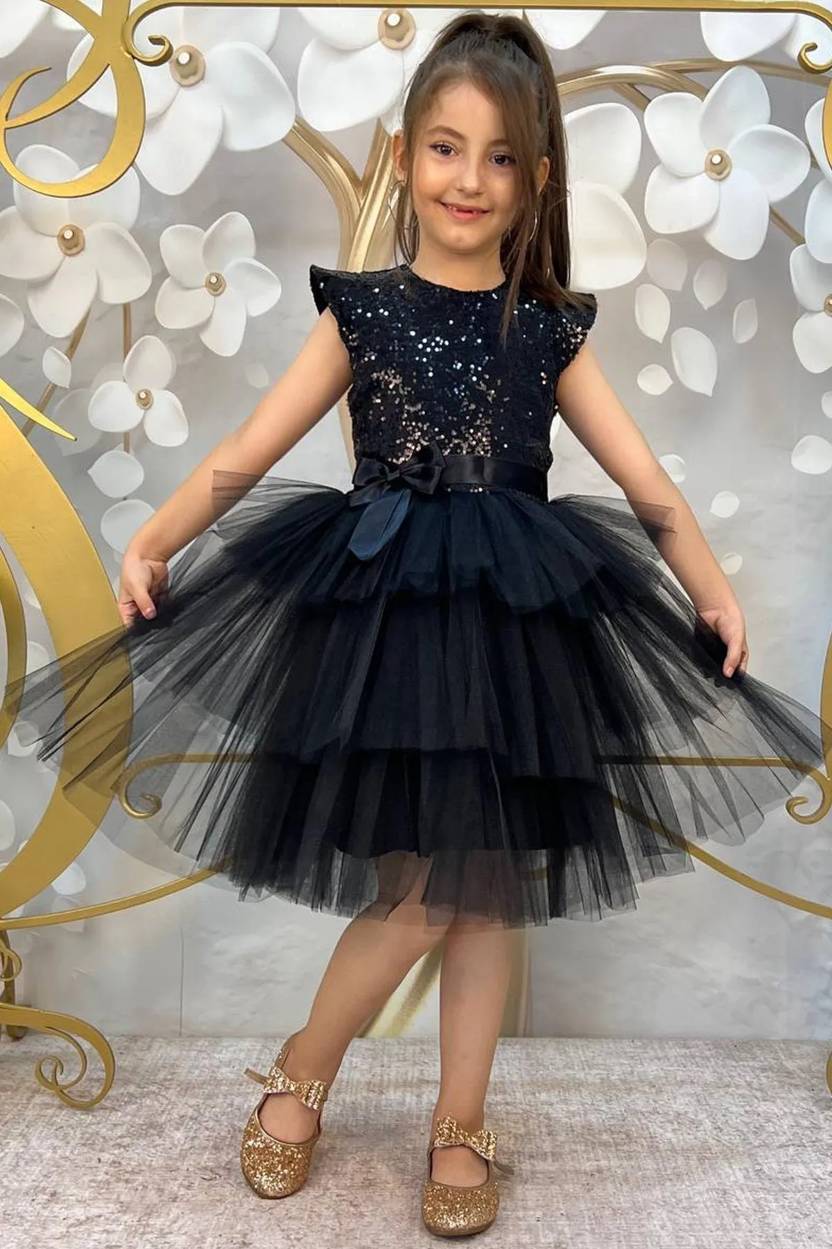 Riccotarz  Schwarzes, mit Pailletten besticktes Katkat-Abendkleid für Mädchen im Alter von 4–7 Jahren