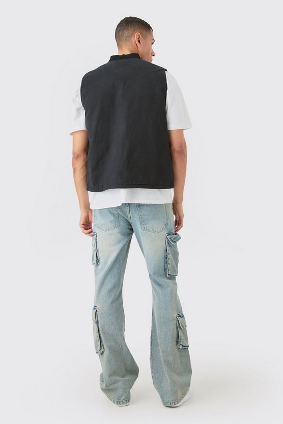Schwarze Twill Weste mit Man-Etikett und Reißverschluss