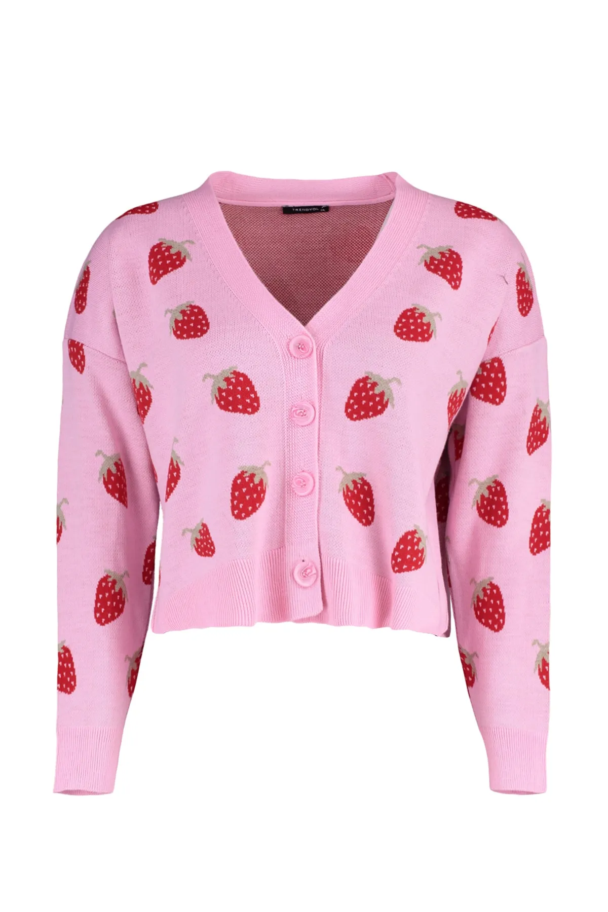 Trendyol Curve  Rosa, kurze Strickjacke mit V-Ausschnitt und Erdbeermuster